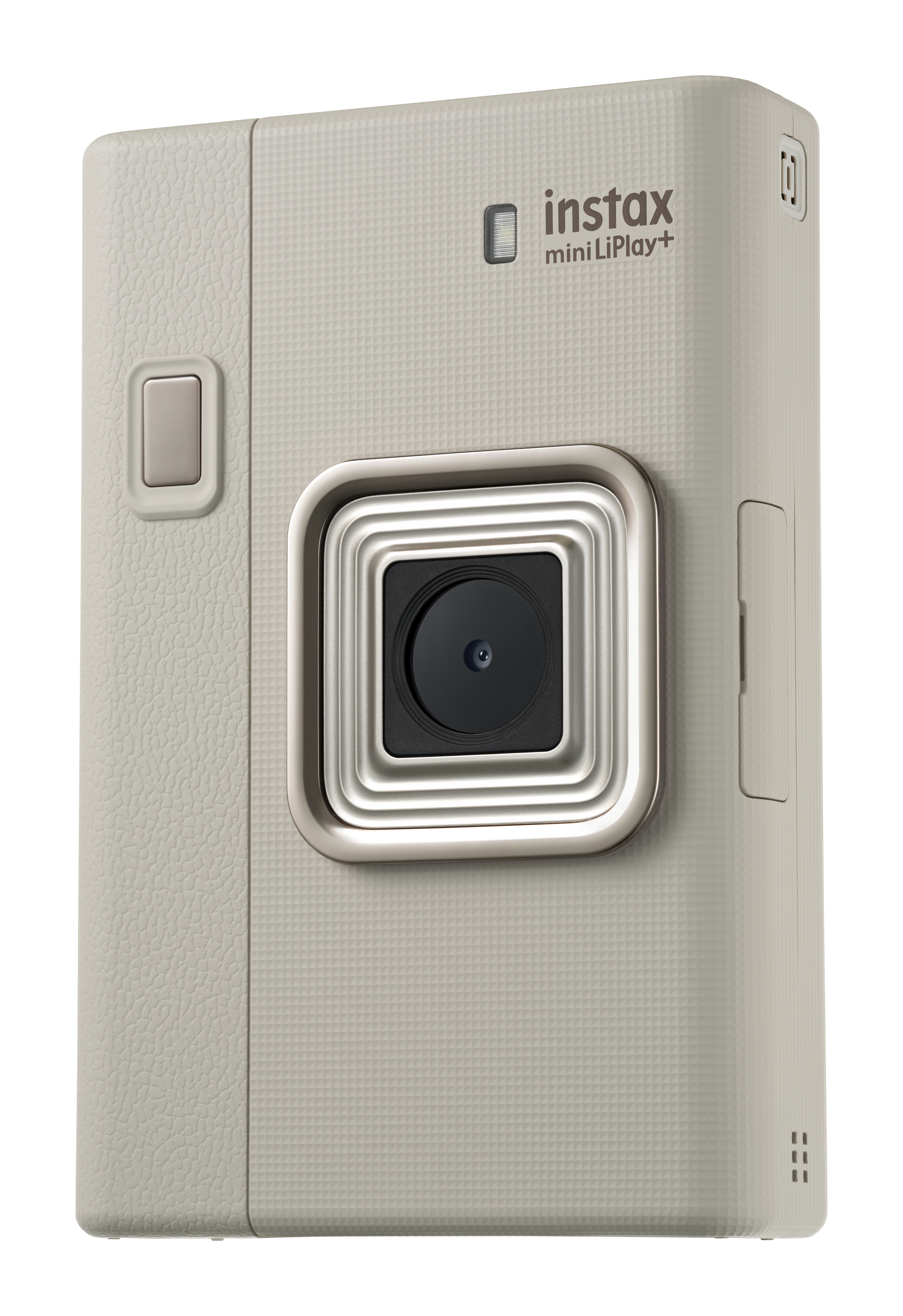 Eine hellgraue Instax Mini LiPlay+ Kamera. Sie hat ein Objektiv, eine Taste und den Markennamen. Der Hintergrund ist weiß.