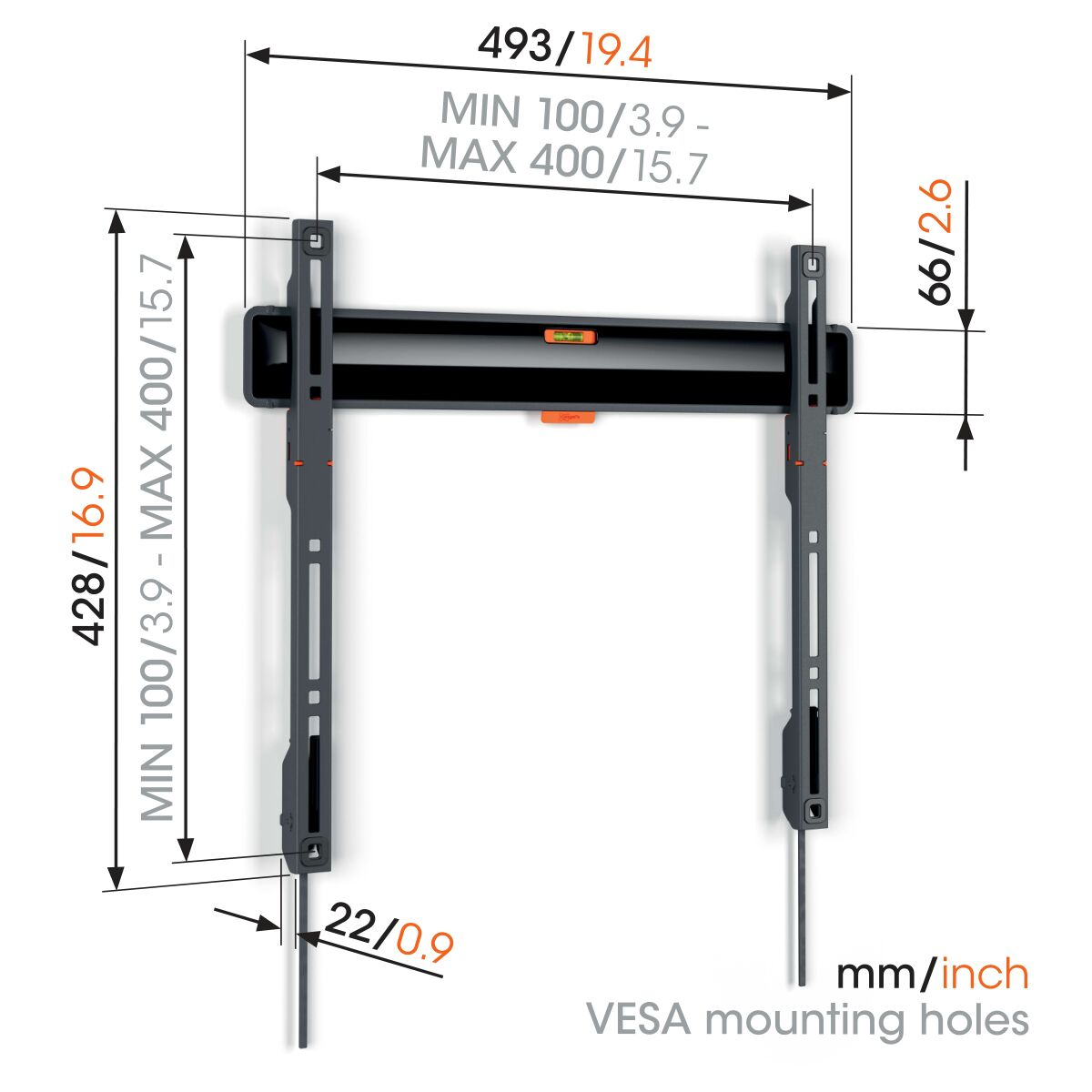 TV-Wandhalterung mit Abmessungen in mm/Zoll. Enthält Maße, VESA-Bohrungen und Wasserwaage.