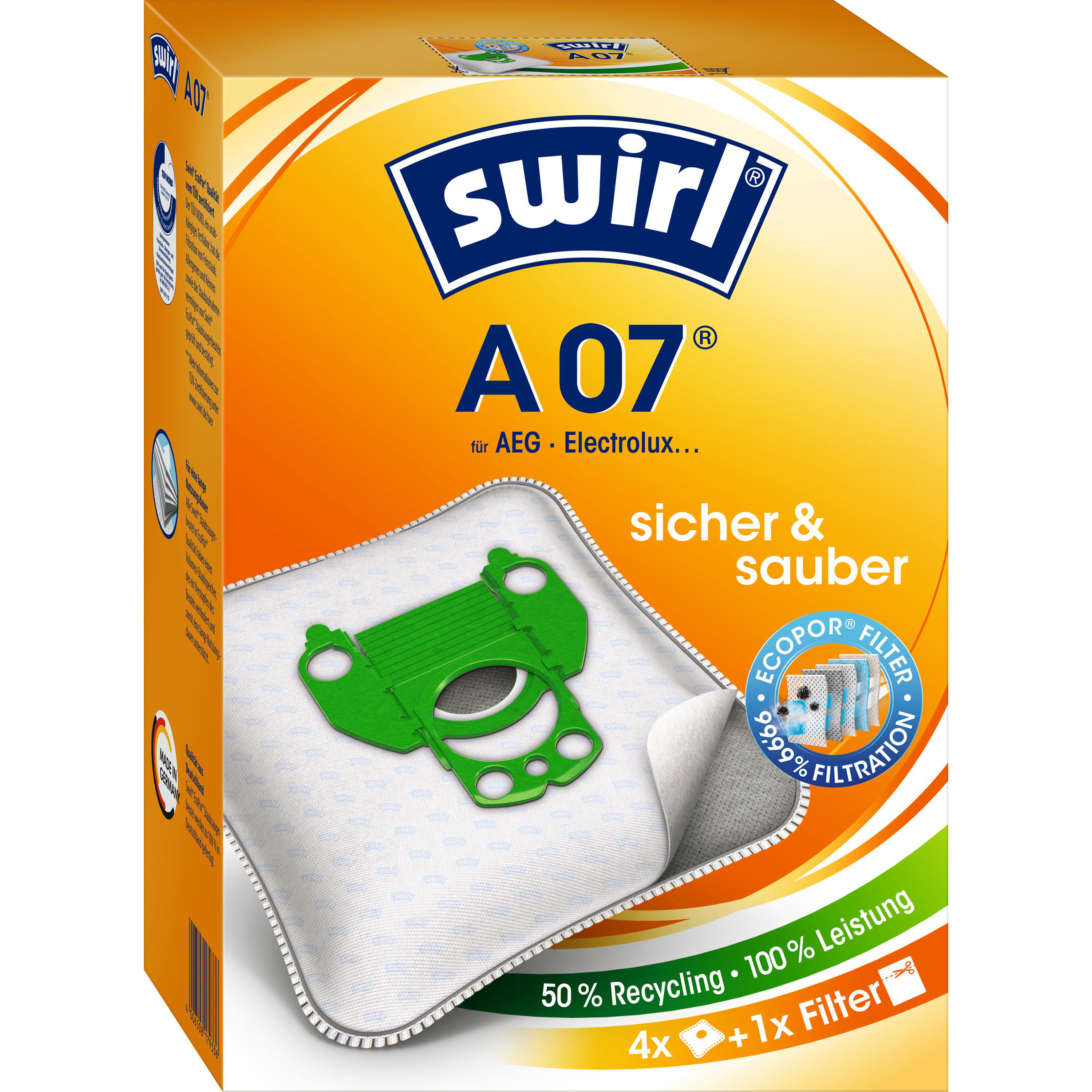 Schachtel mit Swirl A07 Staubsaugerbeuteln. Mit einem grünen Beutel, weißem Filter und Branding.