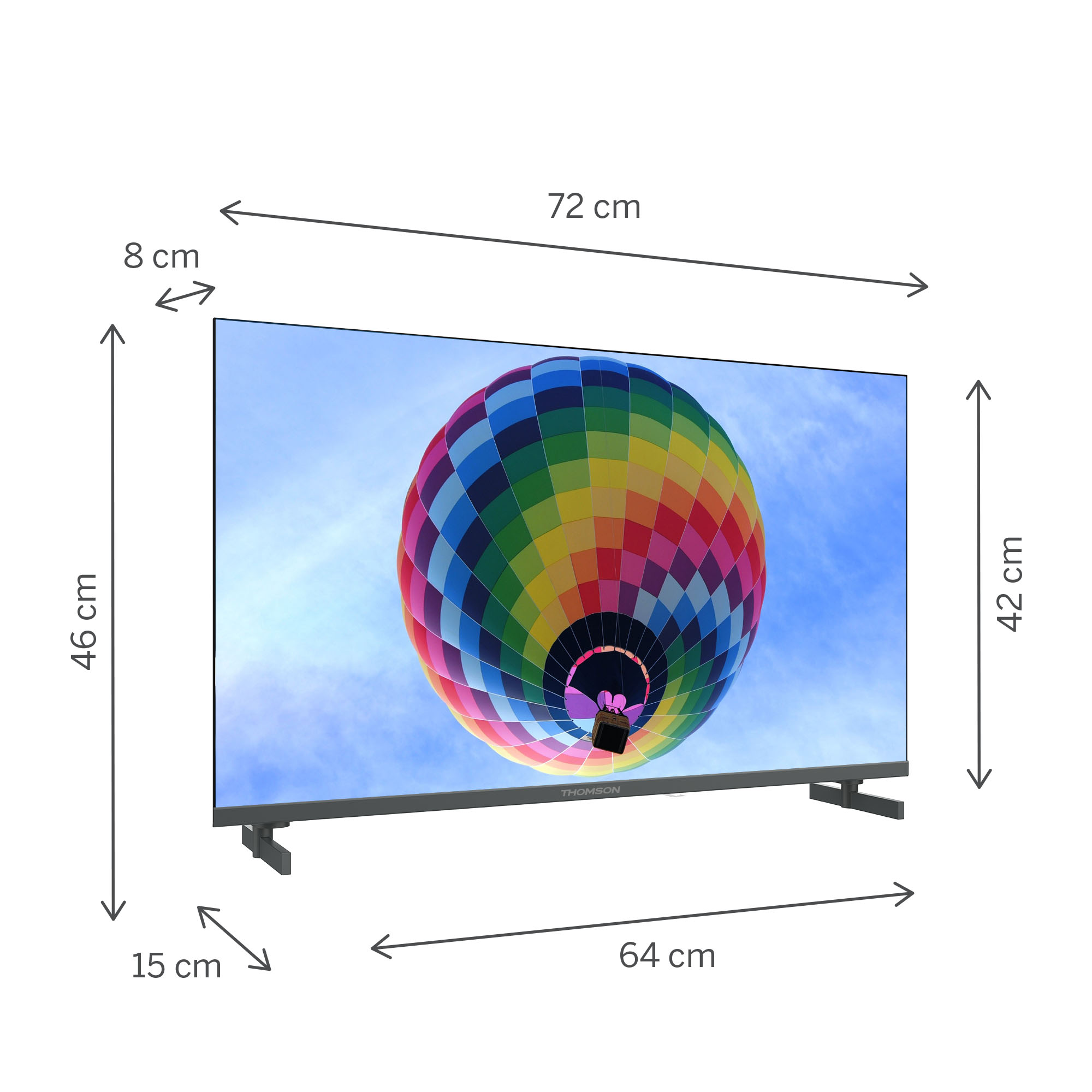 Egy TV színes hőlégballont jelenít meg kék égbolttal. Méretek: szélesség 72 cm, magasság 42 cm, mélység 8 cm.