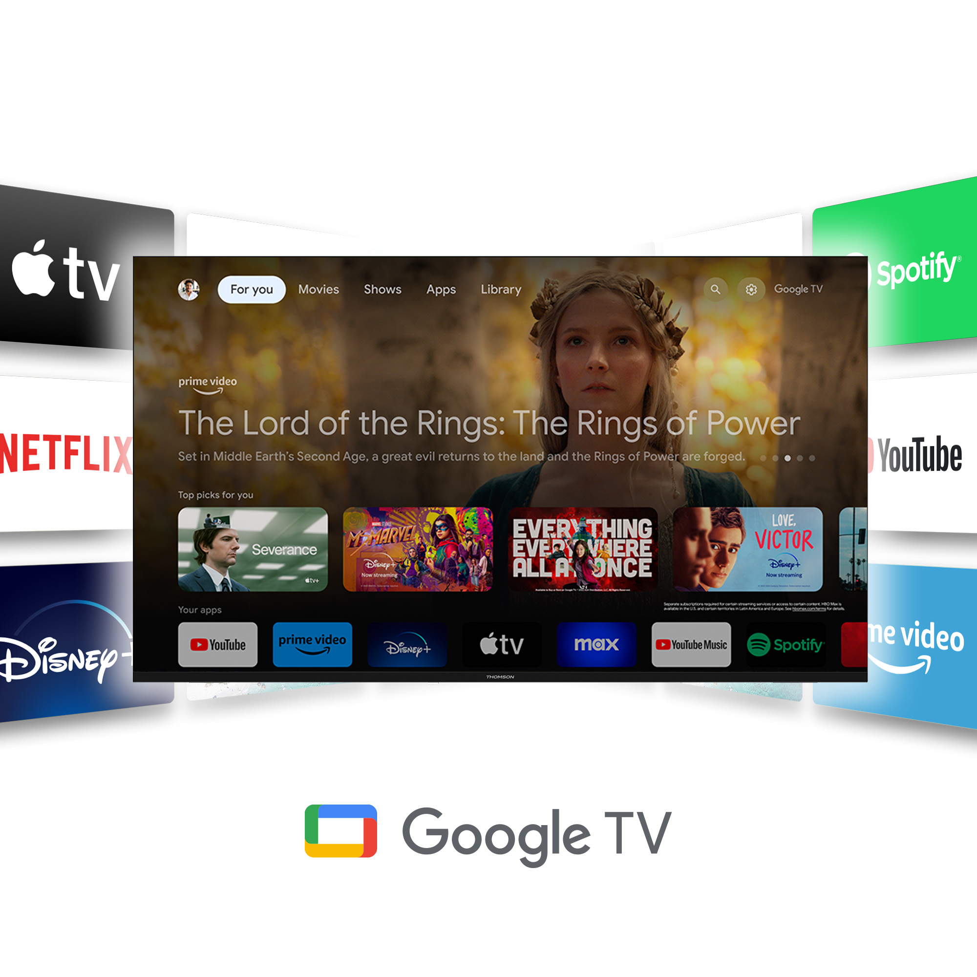 A Google TV felülete film- és alkalmazás-opciókat mutat, mint a Netflix, Spotify és YouTube. Egy nő van a háttérben.