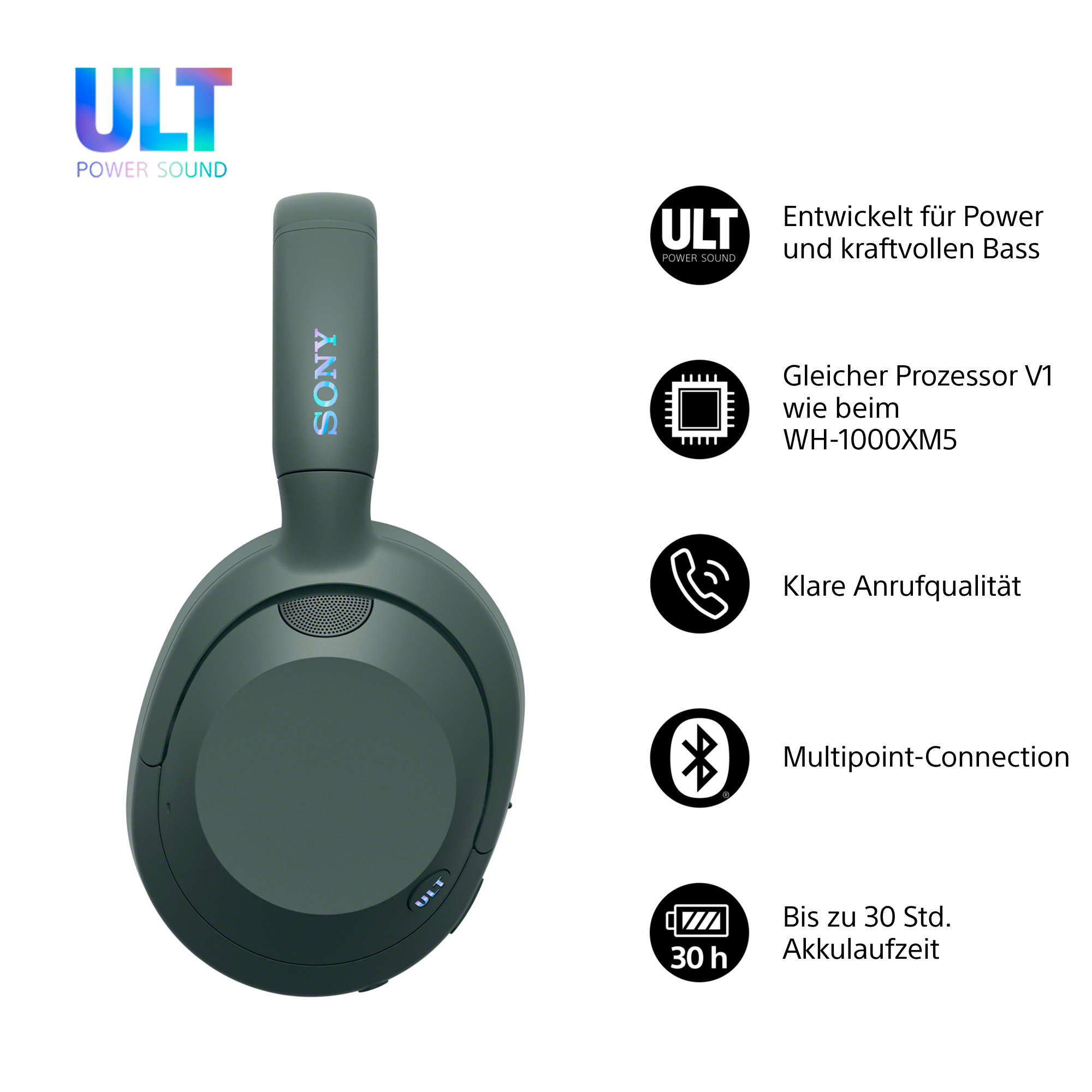 Grüne Sony-Kopfhörer mit ULT Power Sound-Logo und Funktionen wie klarer Anrufqualität und 30 Stunden Akkulaufzeit.