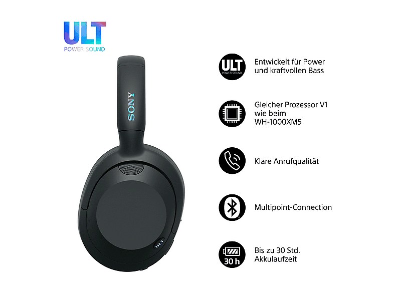 SONY ULT WEAR, Noise Cancelling, POWER SOUND, ultimativer Deep Bass, der gleiche Prozessor wie WH-1000XM5, klare Anrufe, 30 Stunden Akkulaufzeit, Over-ear Kopfhörer Bluetooth Schwarz