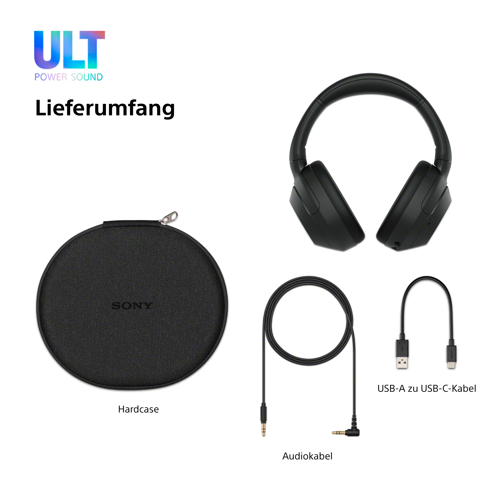 Das Bild zeigt schwarze Kopfhörer, eine Hartschale, ein Audiokabel und ein USB-A-zu-USB-C-Kabel. Die Marke Sony ist sichtbar.