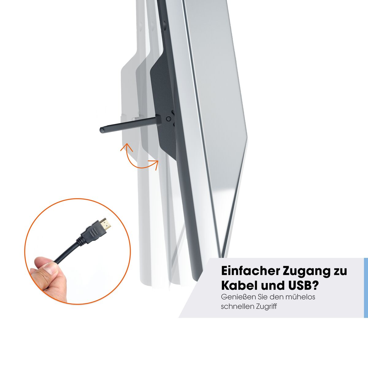 Ein Bildschirm mit Kabel. Orange Pfeile zeigen Bewegung. Text sagt: 'Einfacher Zugang zu Kabel und USB?'.