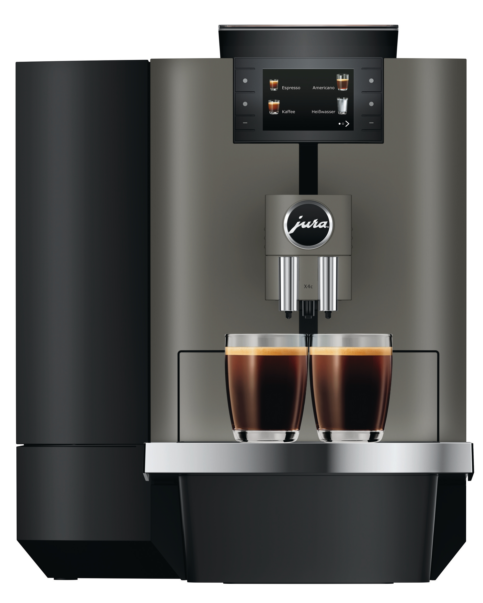 Kaffeemaschine mit zwei Espresso-Shots in Gläsern. Maschine hat einen Bildschirm mit Getränkeoptionen.