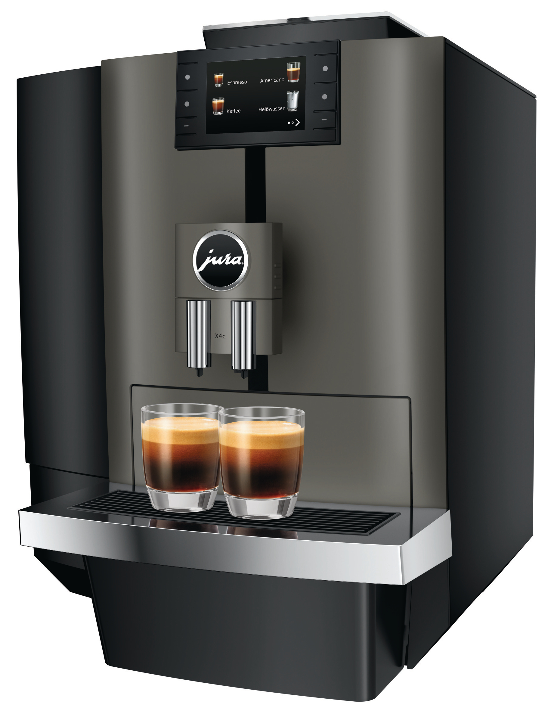 Eine Jura X4c Kaffeemaschine gibt Espresso in Gläser aus. Ein Bildschirm zeigt Getränkeoptionen an.