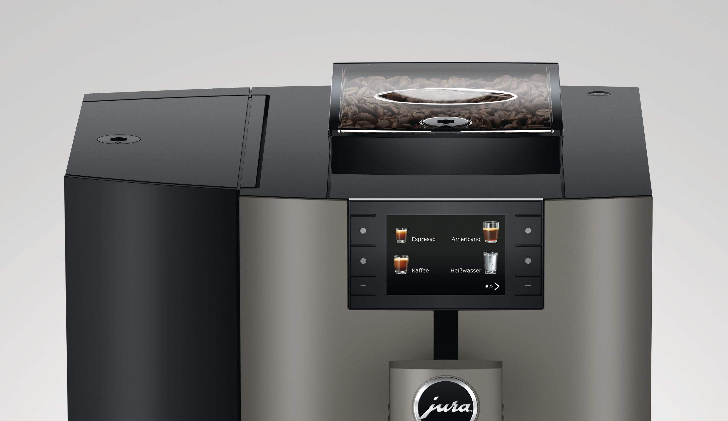 Moderne Kaffeemaschine mit Bohnenbehälter, Touchscreen und Jura-Logo. Espresso, Americano und andere Optionen werden angezeigt.