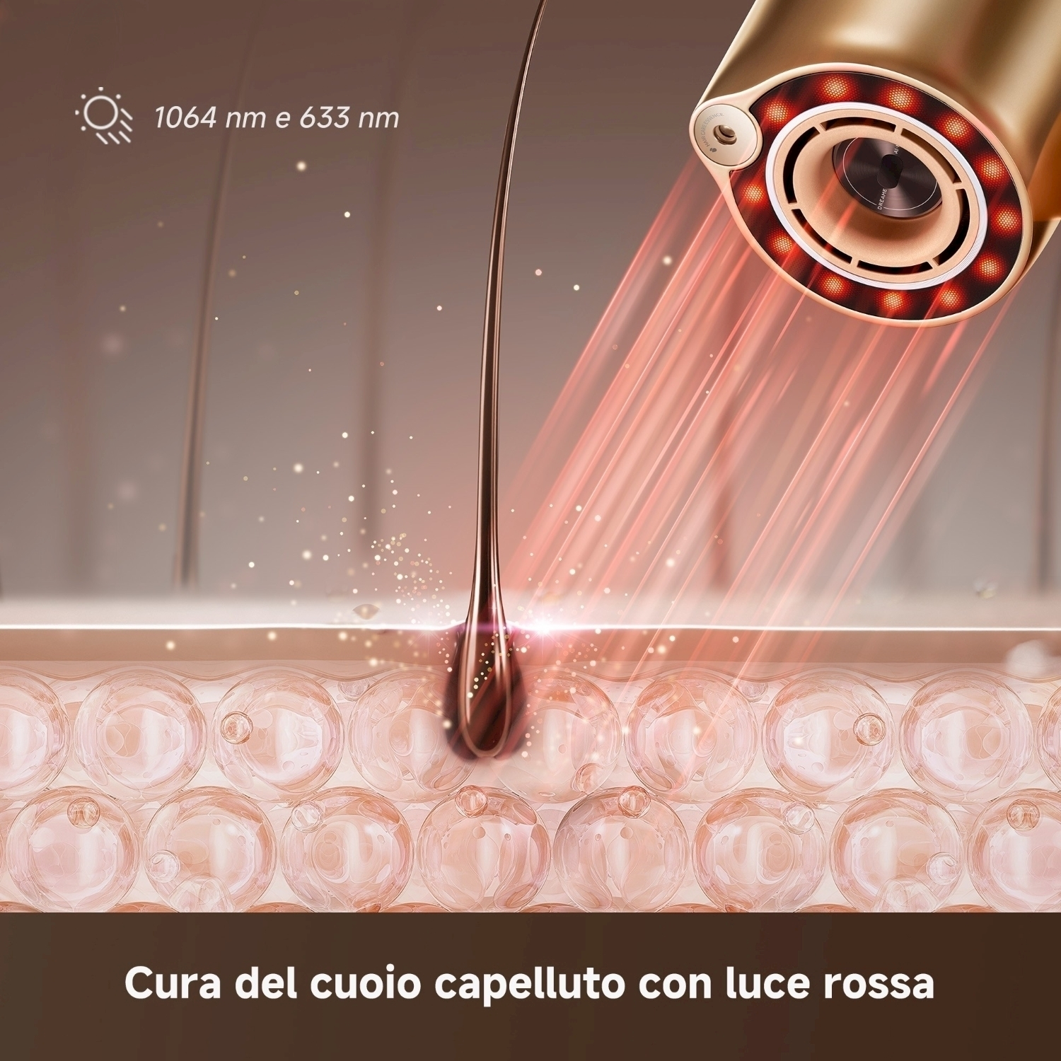 L'immagine mostra un follicolo pilifero trattato con la terapia della luce rossa. Un dispositivo emette raggi di luce rossa sul cuoio capelluto. Il testo dice 'Cura dei capelli'.
