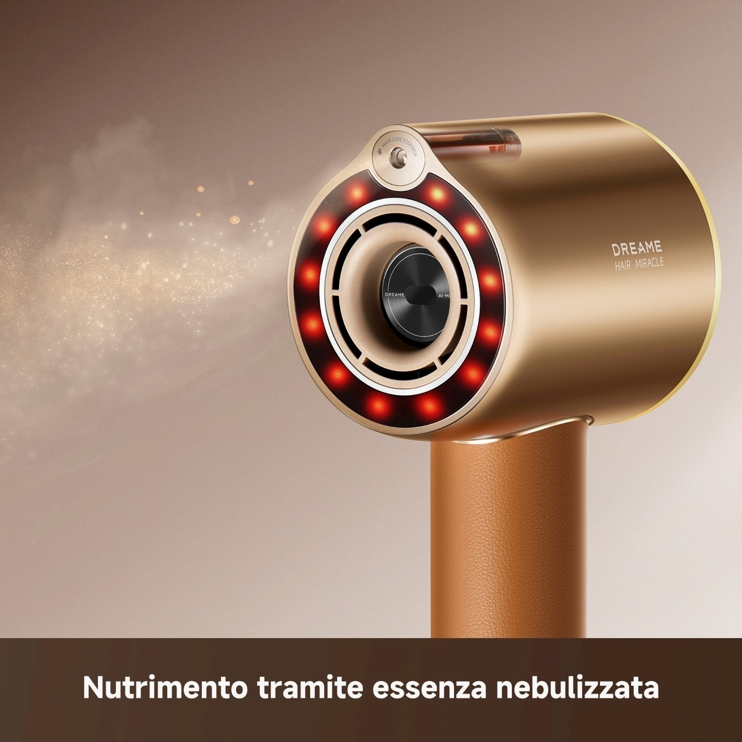 Asciugacapelli dorato con luci rosse, effetto vapore e la scritta 'DREAME HAIR MIRACLE'. L'impugnatura è in pelle marrone.