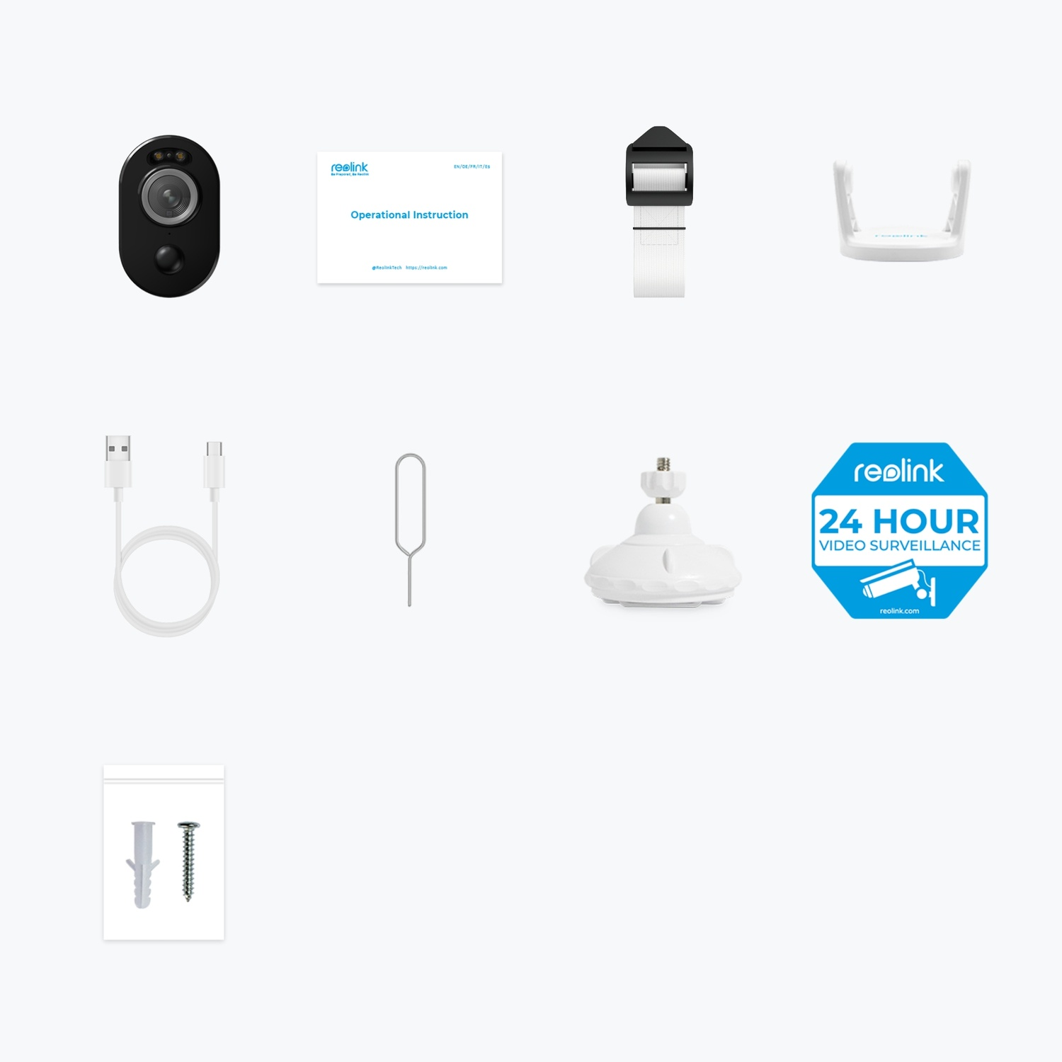 Vari componenti per telecamere di sicurezza: telecamera, manuale, cinturino, supporto, cavo, spillo, base, logo e viti, il tutto su sfondo bianco.