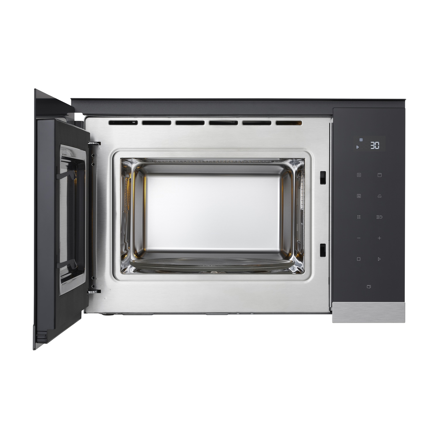 Forno a microonde aperto. Interno in acciaio inossidabile. Porta e pannello di controllo neri. Display digitale '30'.