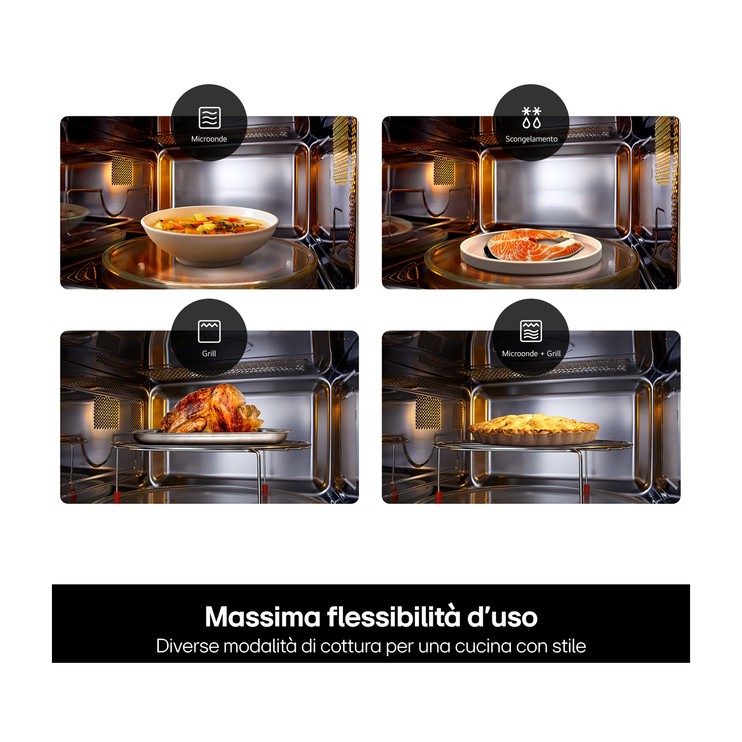 Forno a microonde che mostra diverse modalità di cottura: microonde, scongelamento, grill e combinazione microonde e grill. Vengono mostrati vari piatti.