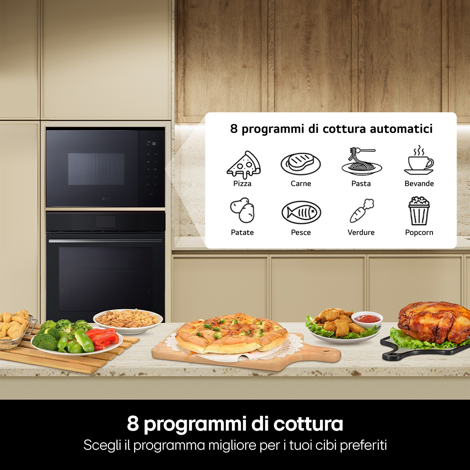 Un forno con opzioni di cibo: pizza, carne, pasta, bevande, patate, pesce, verdure e popcorn. Un forno nero sullo sfondo.