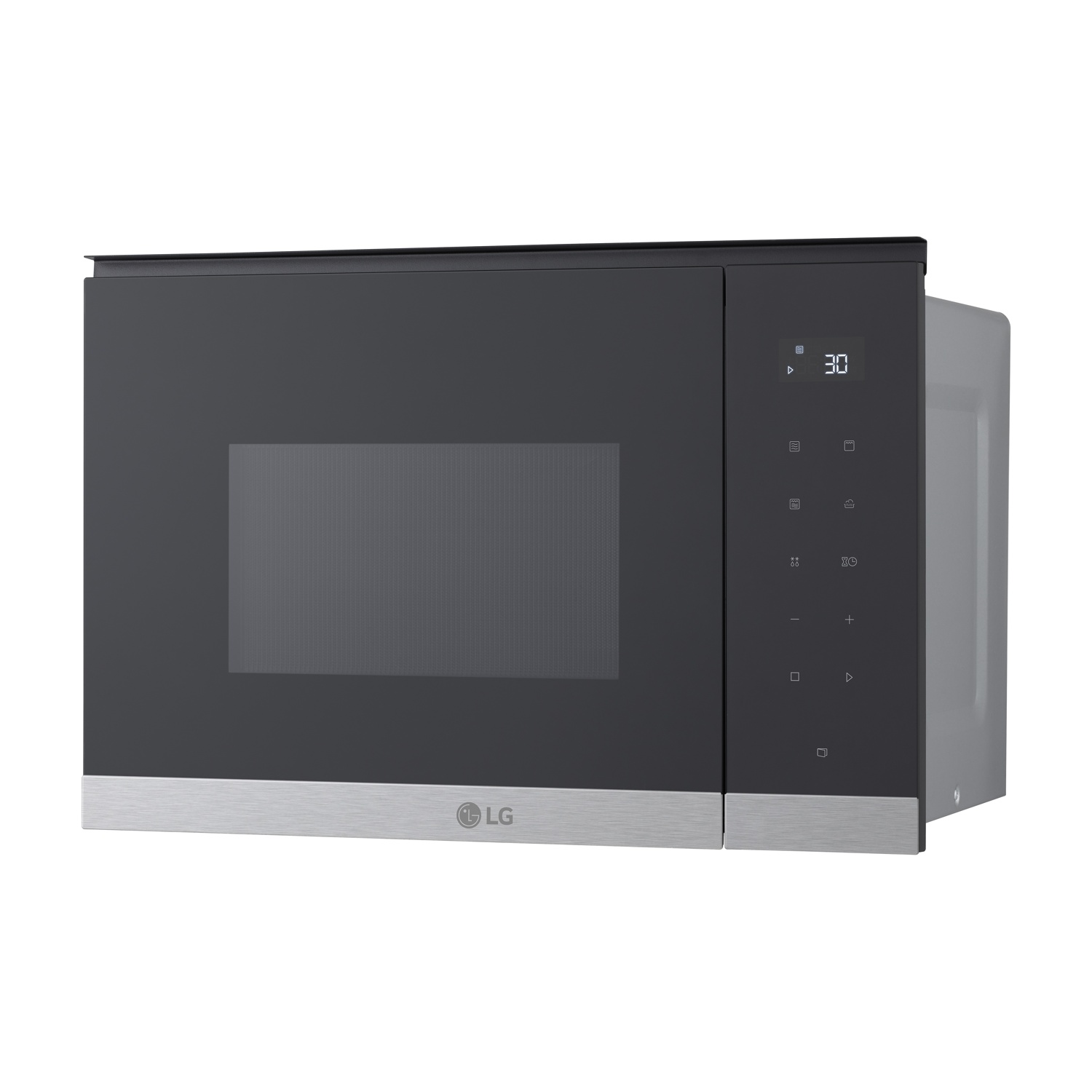 Un forno a microonde LG nero con display digitale che mostra '30'. Ha una finitura inferiore argentata e comandi a destra.