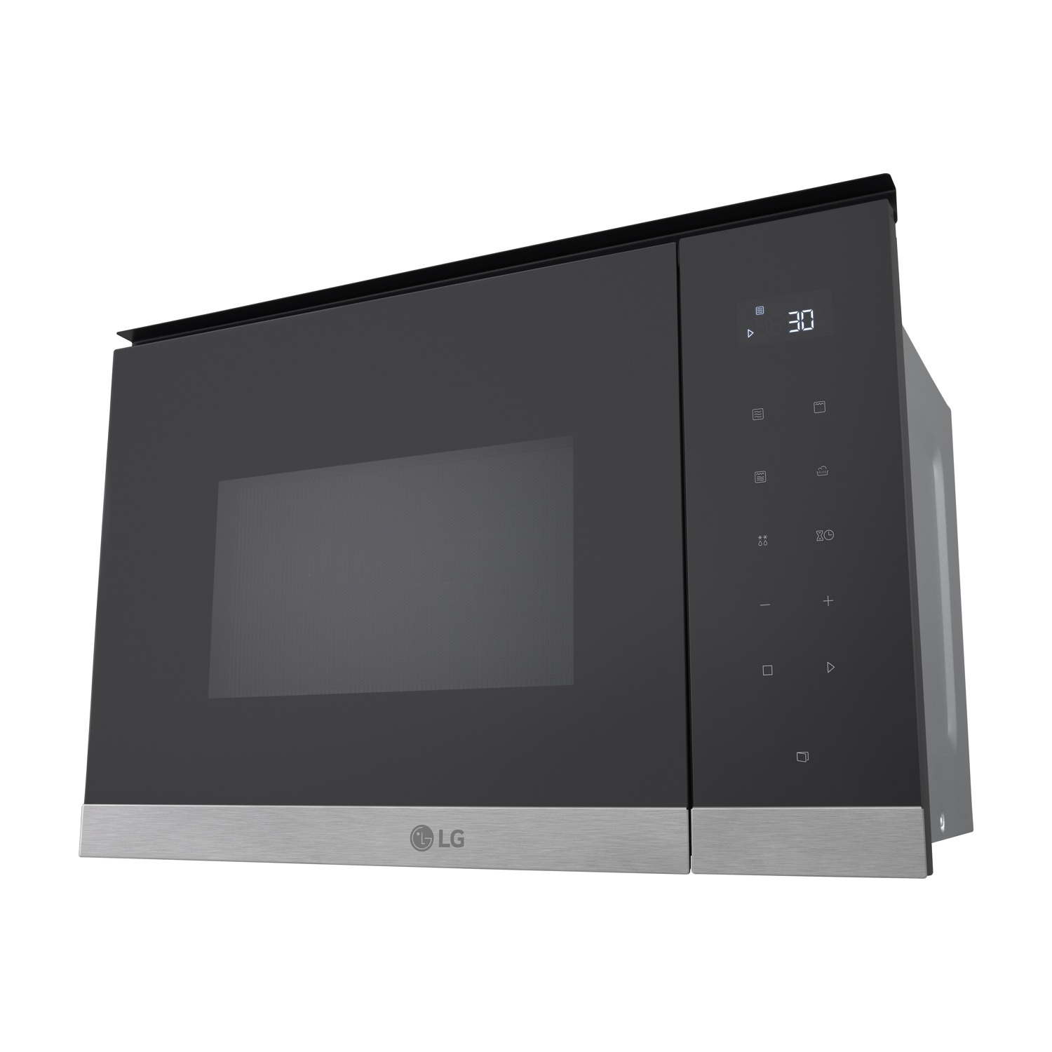 Un forno a microonde LG nero con display digitale che mostra 30. Ha finiture in acciaio inossidabile e una porta in vetro nero.