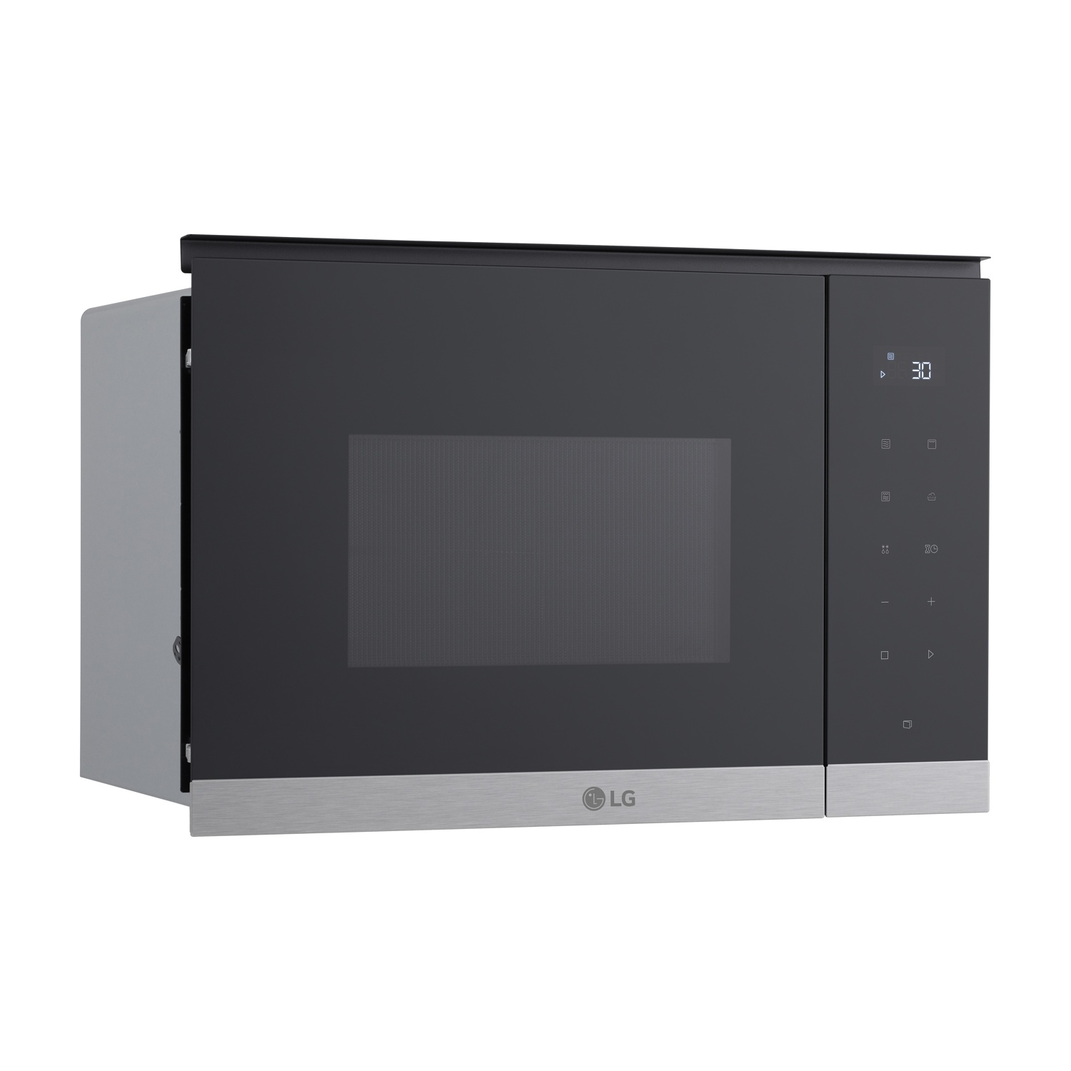 Un moderno forno a microonde LG. Ha una porta in vetro nero, un bordo in acciaio inossidabile e un display digitale che mostra '30'.