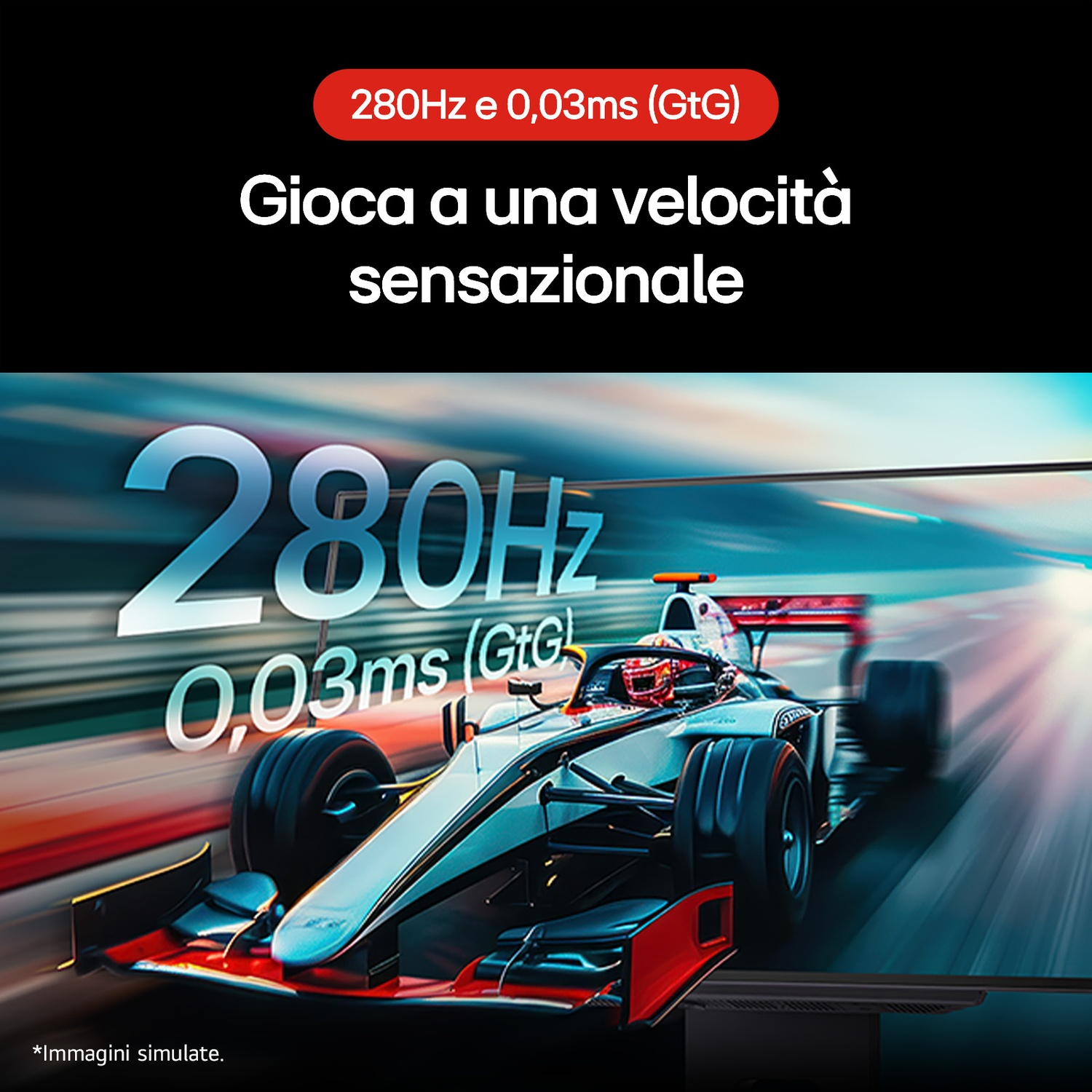 L'immagine mostra un'auto da corsa su una pista con indicatori di velocità. Il testo dice: 'Gioca a una velocità sensazionale'.