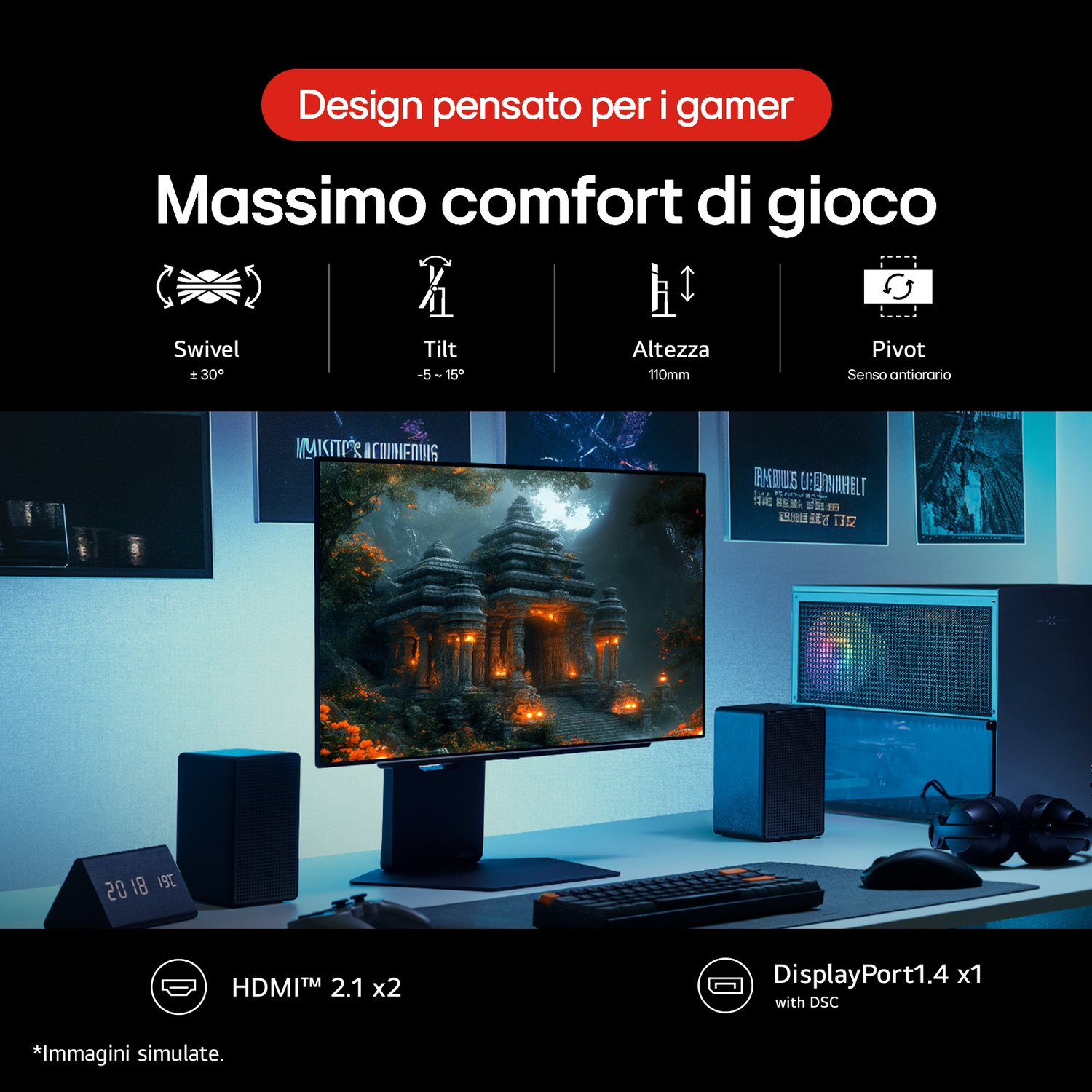 Un monitor mostra una scena di gioco. Ha regolazioni di rotazione, inclinazione, altezza e pivot. Davanti ci sono tastiera, mouse e altoparlanti.