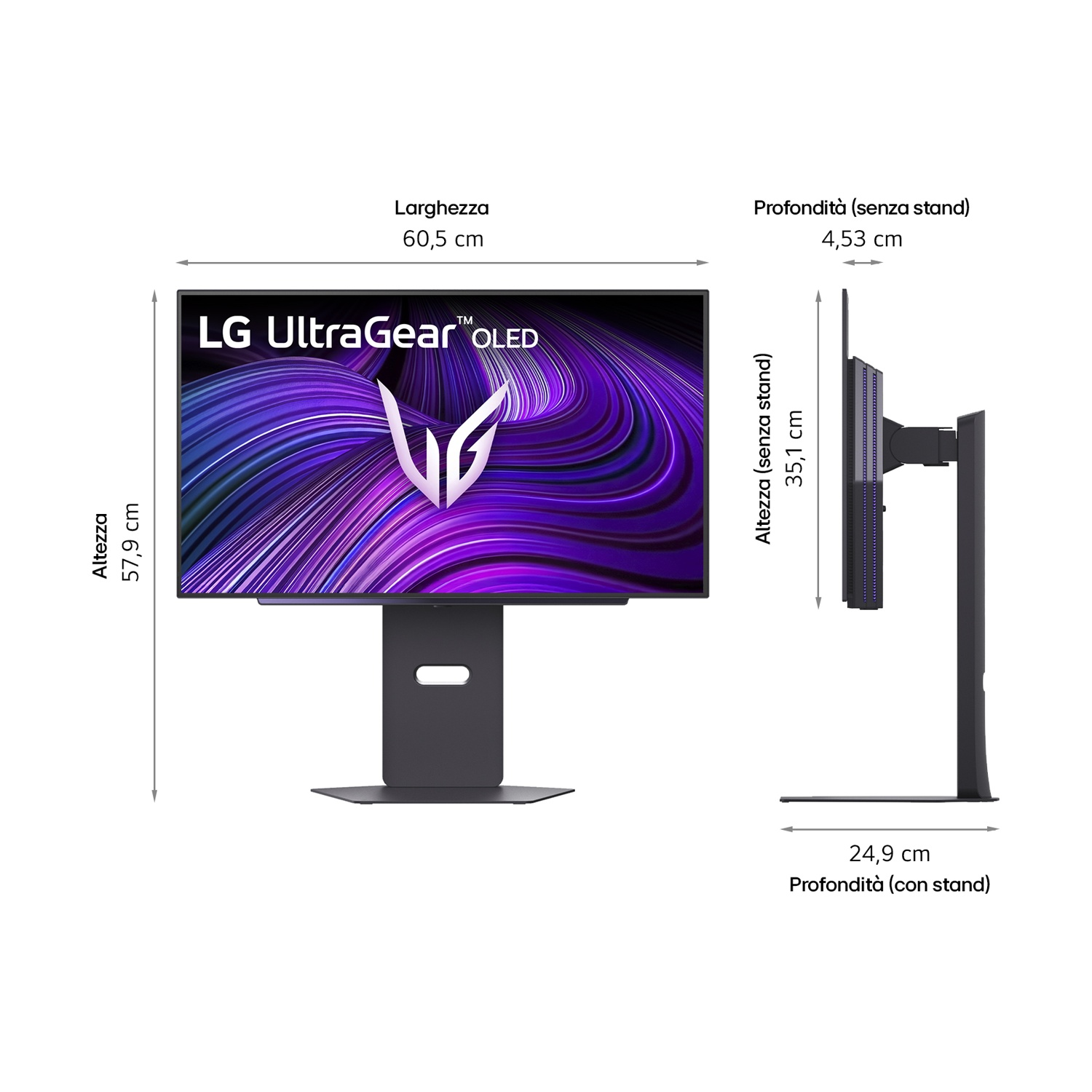 Monitor LG UltraGear OLED. Dimensioni: larghezza 60,5 cm, altezza 57,9 cm. La vista laterale mostra la profondità senza supporto 4,53 cm.