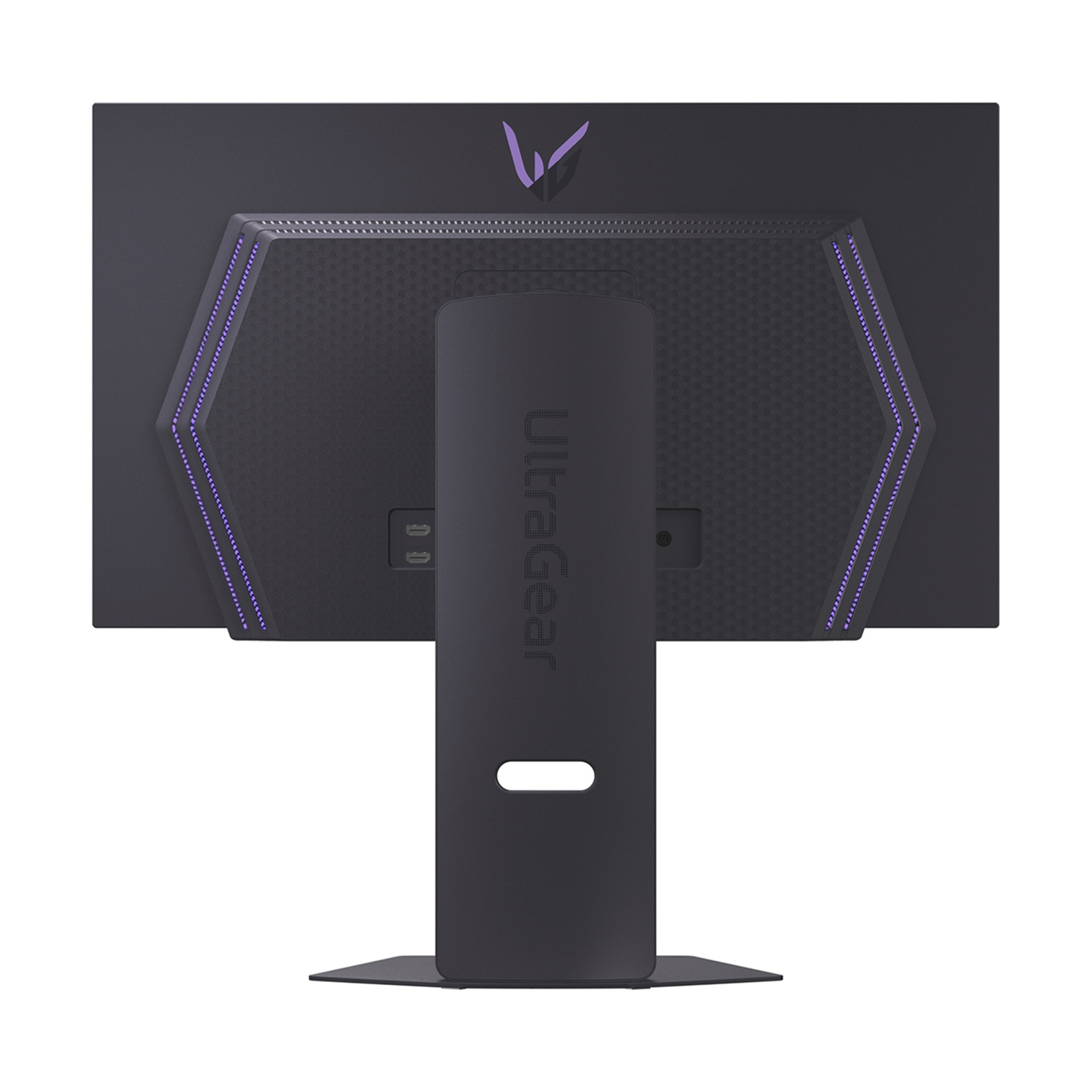 La parte posteriore di un monitor LG UltraGear nero è mostrata, con un accento viola e il logo UltraGear. Anche il supporto è nero.