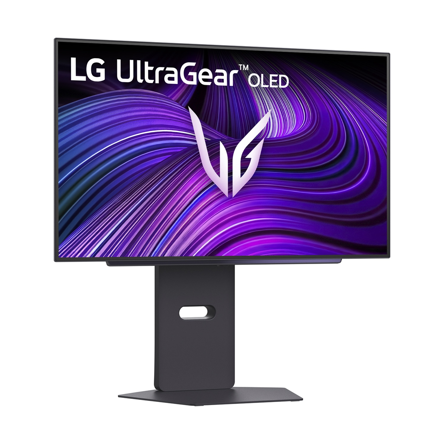 Un monitor LG UltraGear OLED. Lo schermo mostra un design astratto viola e bianco. Il monitor è su un supporto scuro.