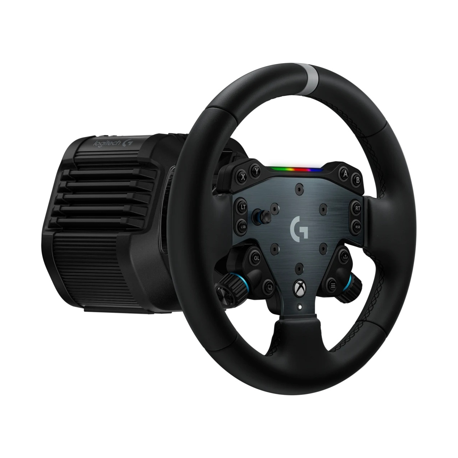 Un volante da corsa Logitech nero con pulsanti, un centro metallico e un bordo nero. Ha un logo 'G'.
