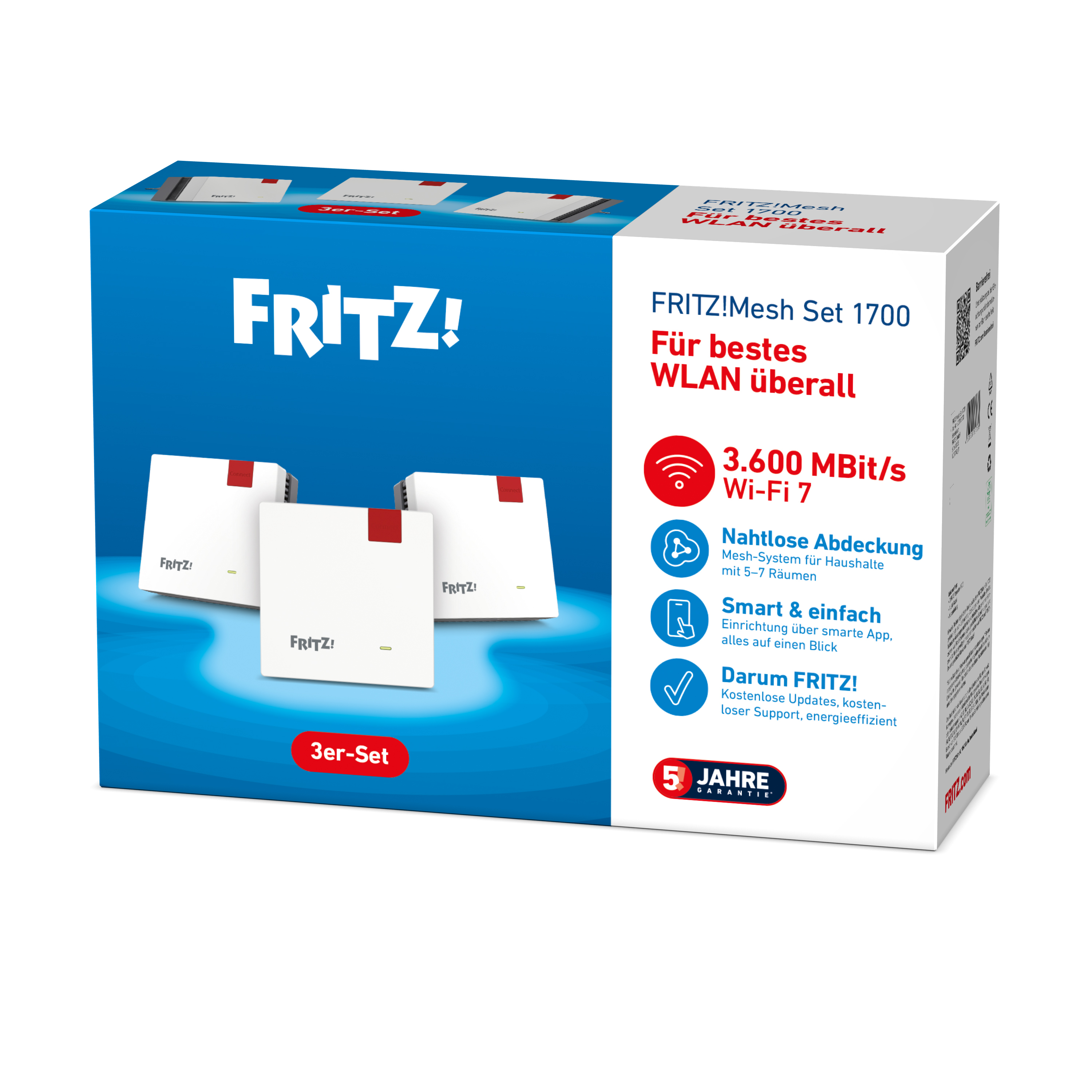 Schachtel mit FRITZ!Mesh 1700 mit drei weißen Geräten, roten Akzenten und Produktdetails auf blauem Grund.
