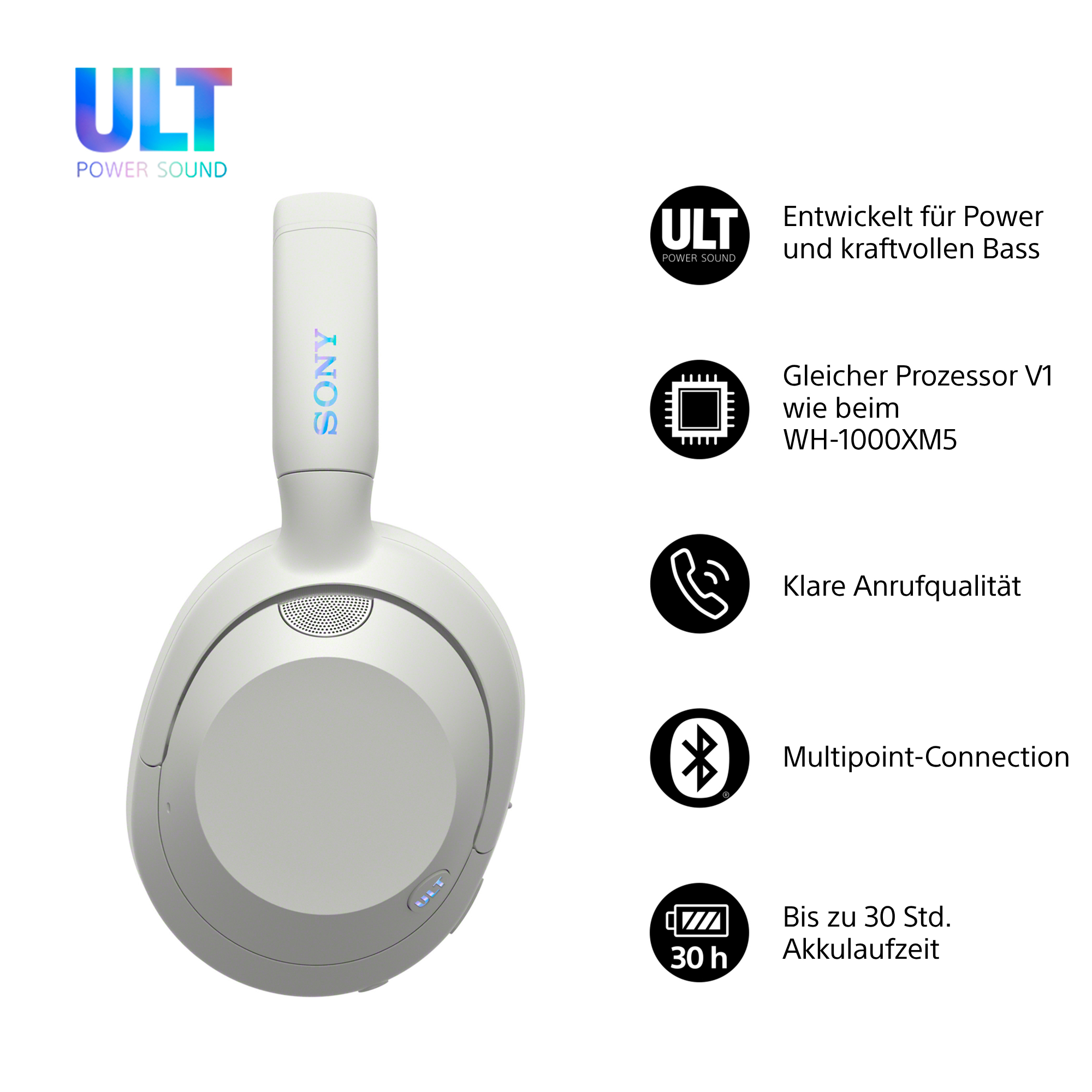 Weiße Sony-Kopfhörer mit ULT-Logo und Funktionen. Text enthält Power-Sound, klare Anrufqualität und 30h Akkulaufzeit.