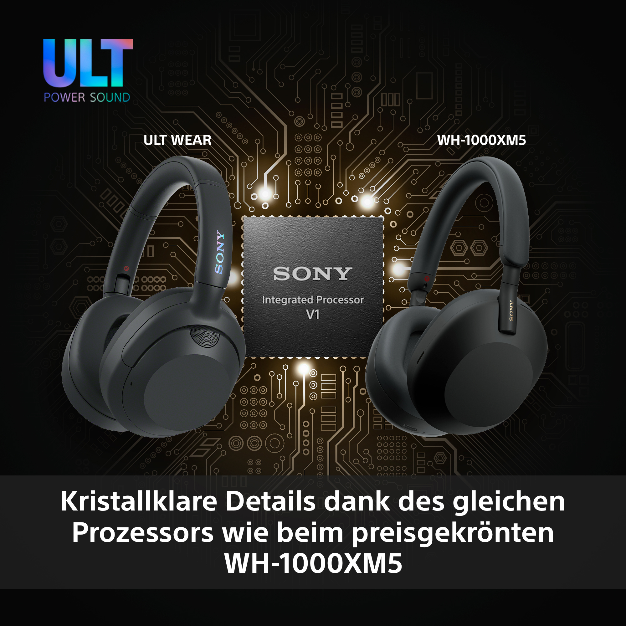 Das Bild zeigt zwei schwarze Sony-Kopfhörer, einen zentralen Prozessor-Chip und Text über das Modell WH-1000XM5.