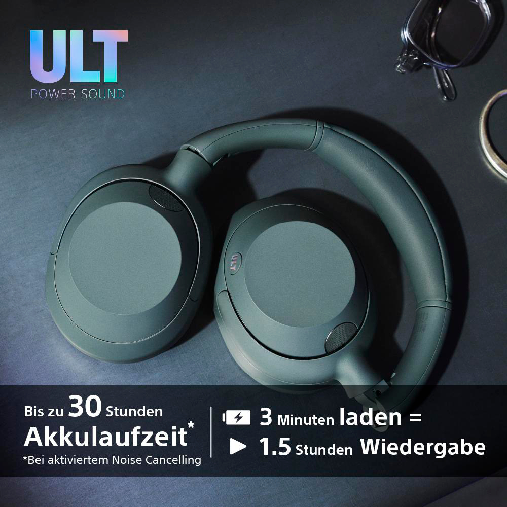 Over-Ear-Kopfhörer mit der Marke ULT. Text zeigt 30 Stunden Akkulaufzeit und 3 Minuten Laden für 1,5 Stunden Wiedergabe an.