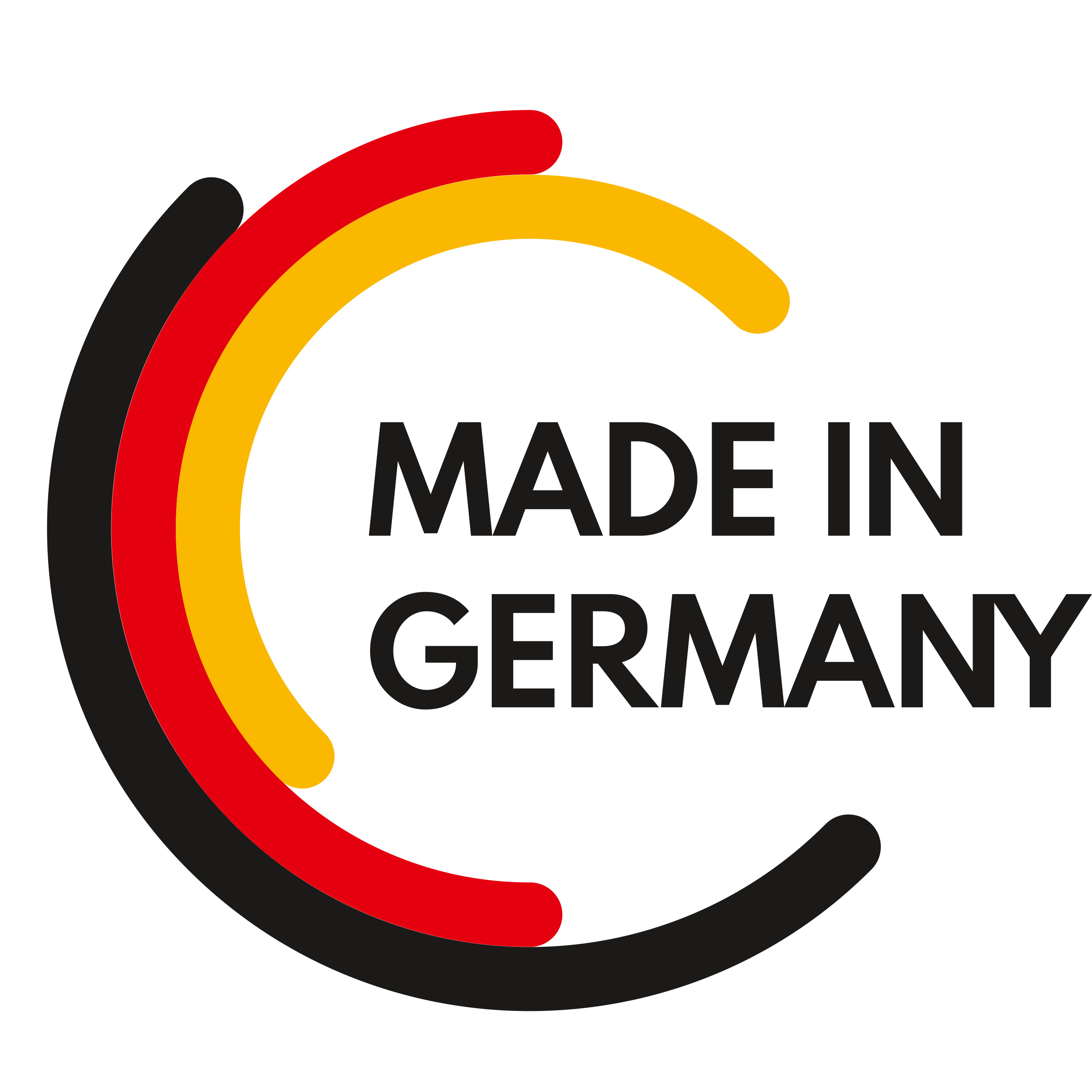 Das Bild zeigt einen Kreis mit den Farben der deutschen Flagge und dem Text 'MADE IN GERMANY'.