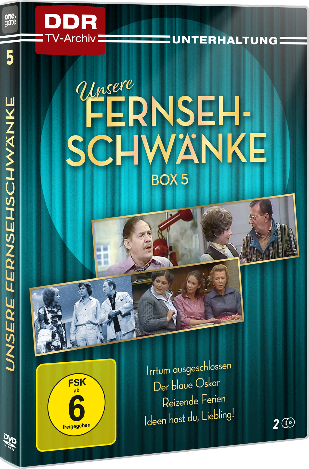 DVD-Box-Set von Unsere Fernsehschwänke, mit Bildern von Schauspielern. Die Box ist grün mit goldenem Text und einem 6+ FSK-Logo.