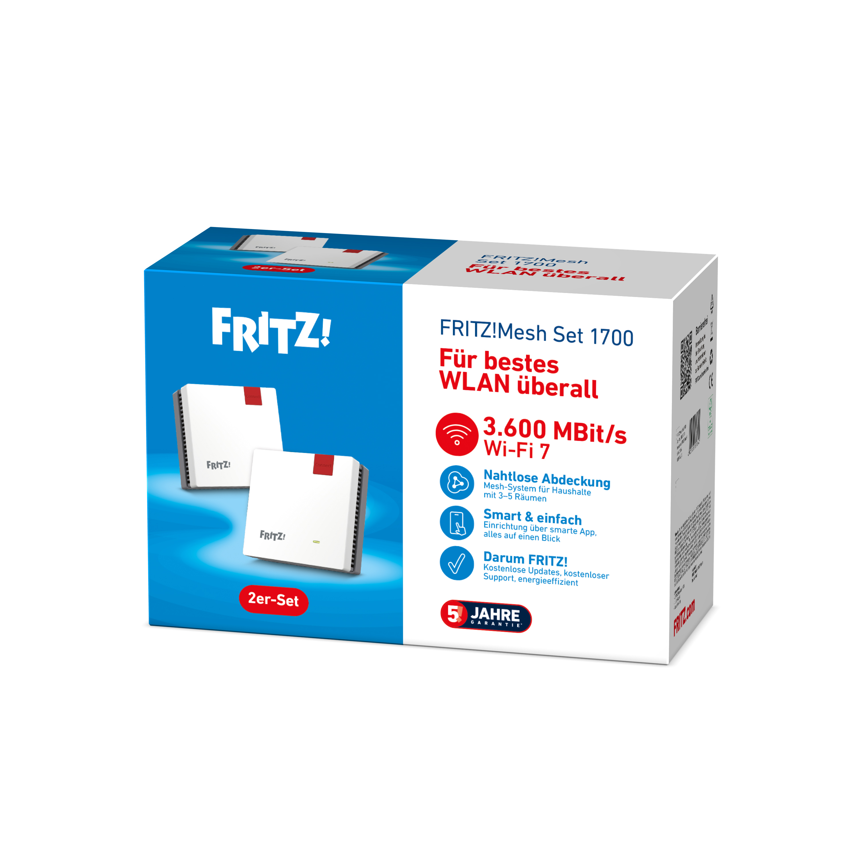 Schachtel mit FRITZ! Mesh Set 1700. Merkmale: Wi-Fi 7, Mesh-System, einfache Einrichtung, 5 Jahre Garantie.
