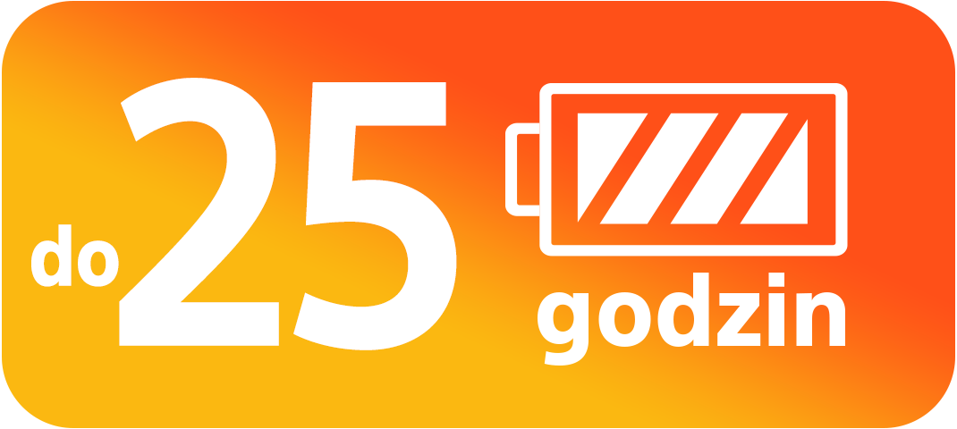 Obraz z tekstem: 'do 25 godzin'. Ikona baterii z trzema przekątnymi liniami. Tło od pomarańczowego do żółtego.