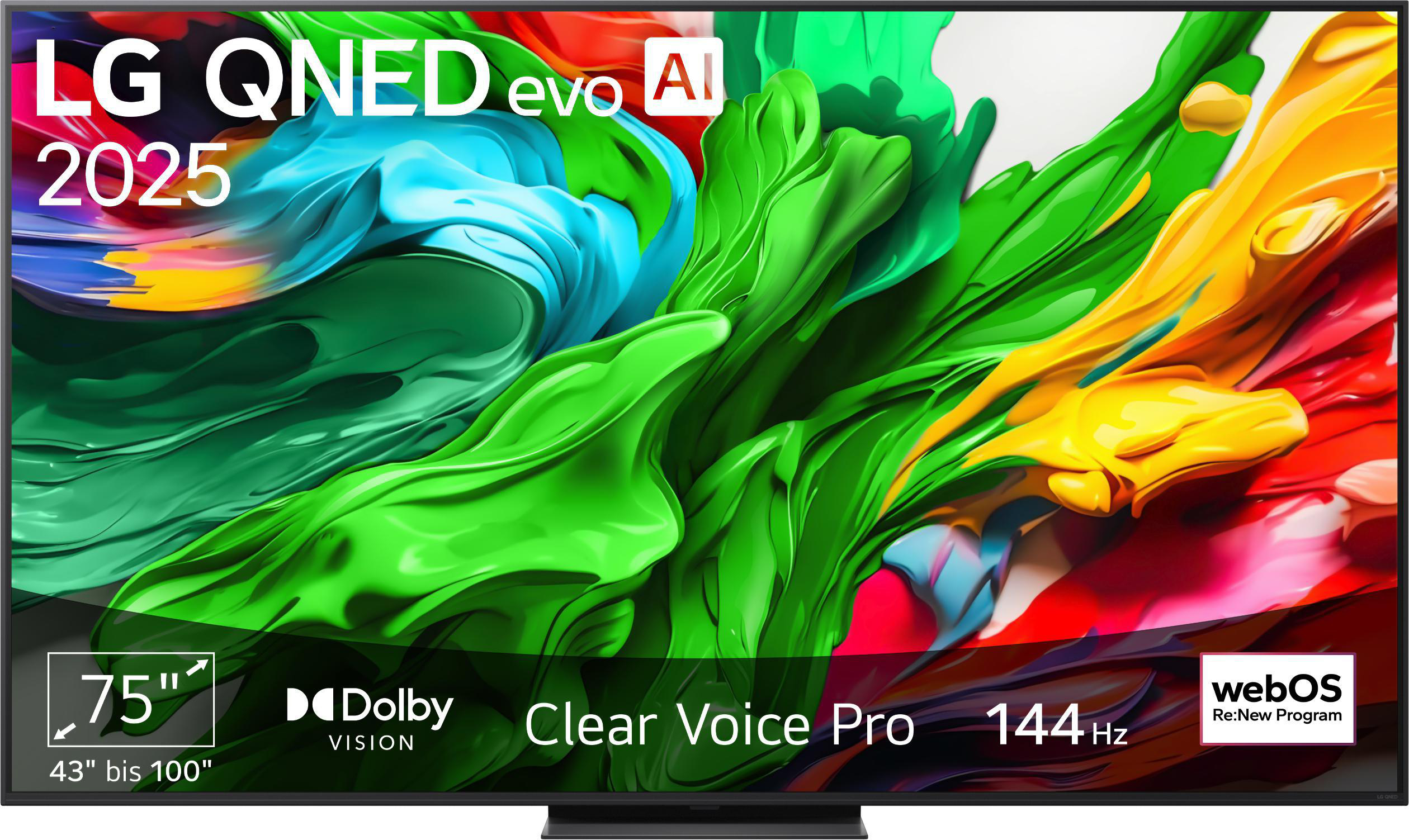 LG QNED evo 2025 Fernseher mit farbenfroher abstrakter Kunst, 75-Zoll-Bildschirm, Dolby Vision, Clear Voice Pro, 144 Hz und webOS.