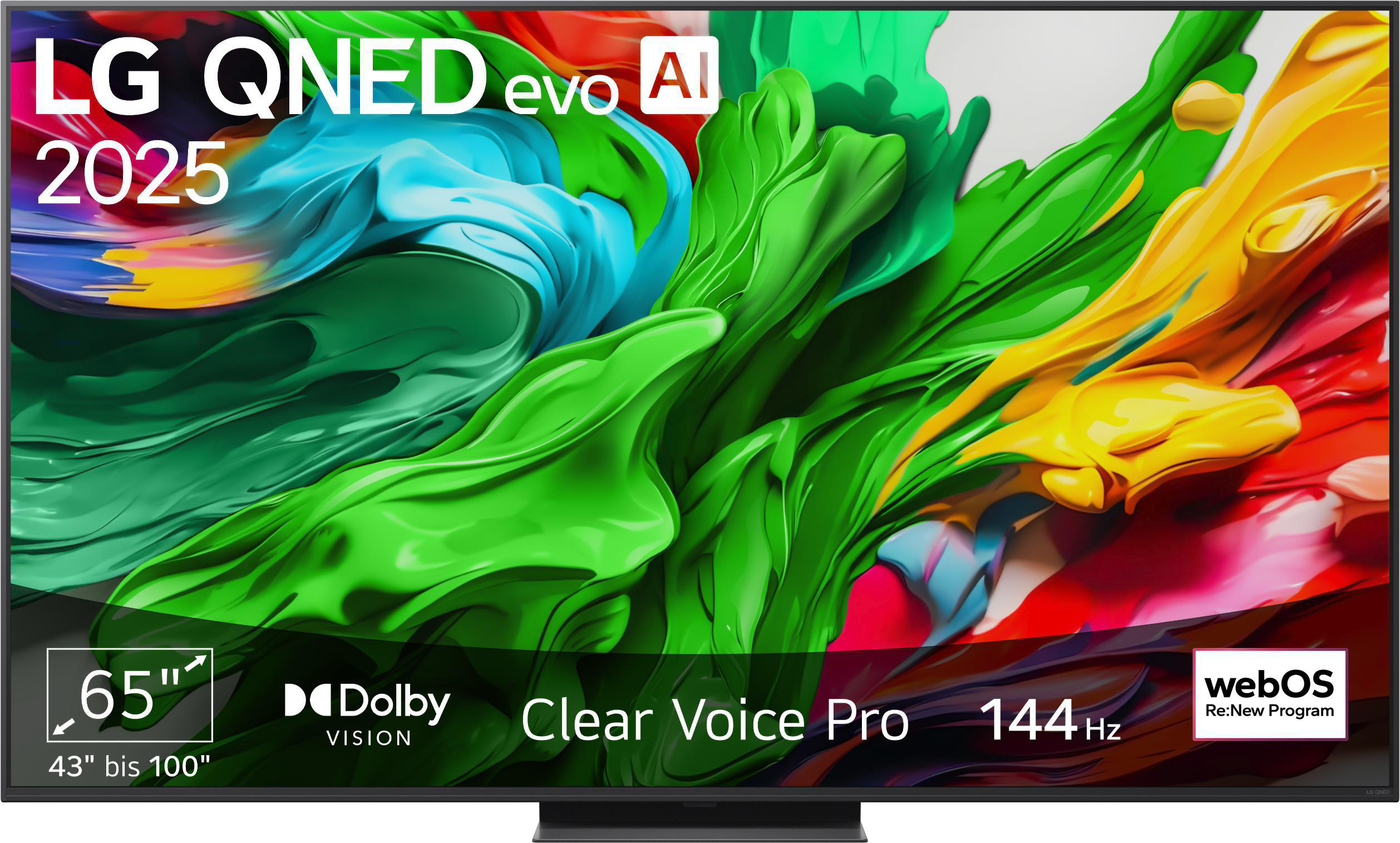 Ein LG QNED evo Fernseher mit farbenfrohem, abstraktem Kunsthintergrund. Merkmale: 65", Dolby Vision, Clear Voice Pro, 144 Hz und webOS.