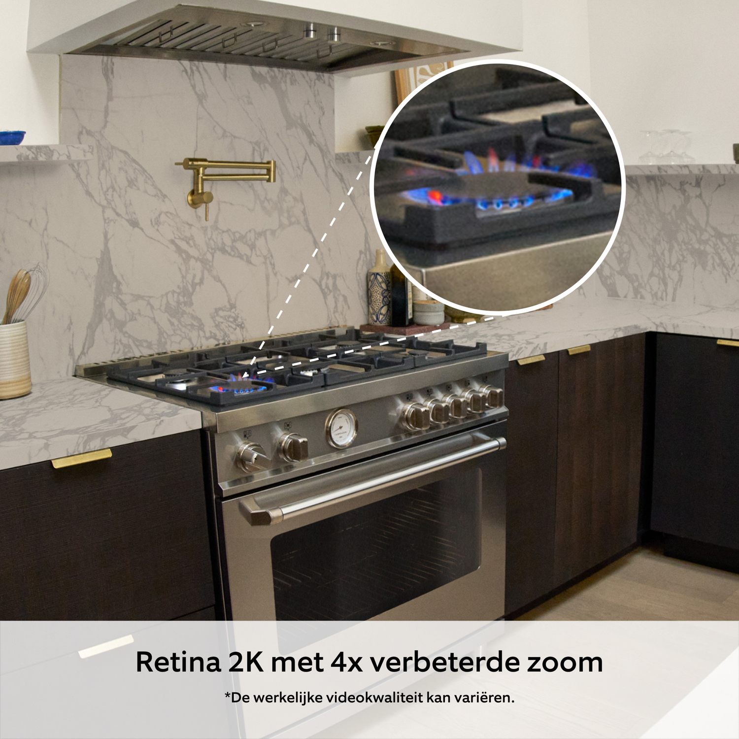 A stainless steel oven with a stove top, featuring blue flames. The kitchen has marble backsplash and dark wood cabinets.
