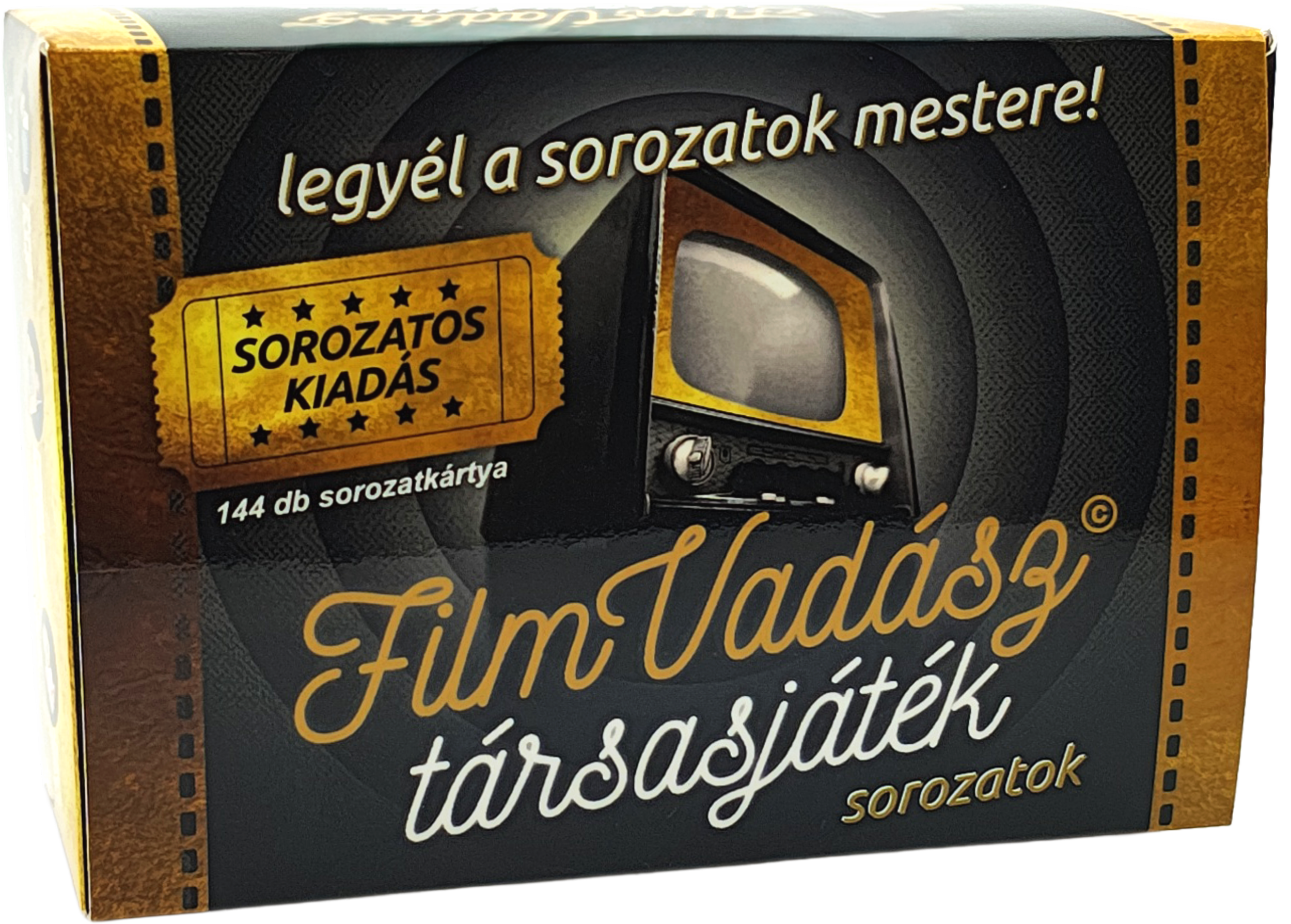 Doboz szöveggel és retro TV-képpel. Szöveg: Film Vadász társasjáték sorozatok és Sorozatos kiadás.