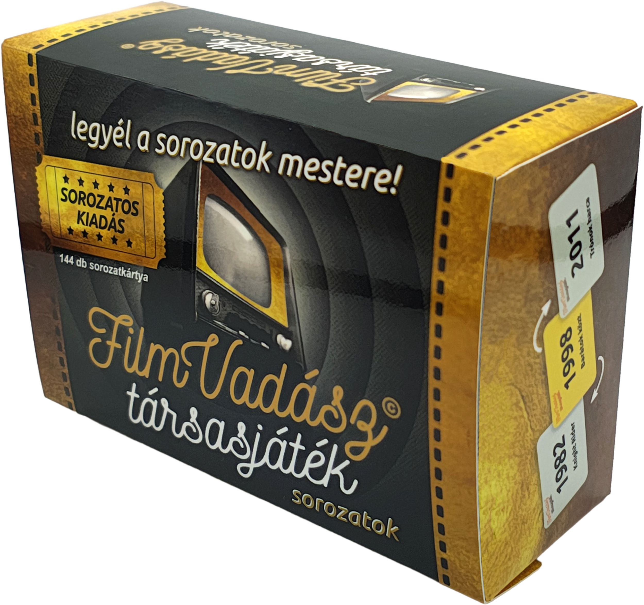 Film Vadász társasjáték doboza. Fekete és arany színek. Magyar szöveg. Filmtekercs grafika.