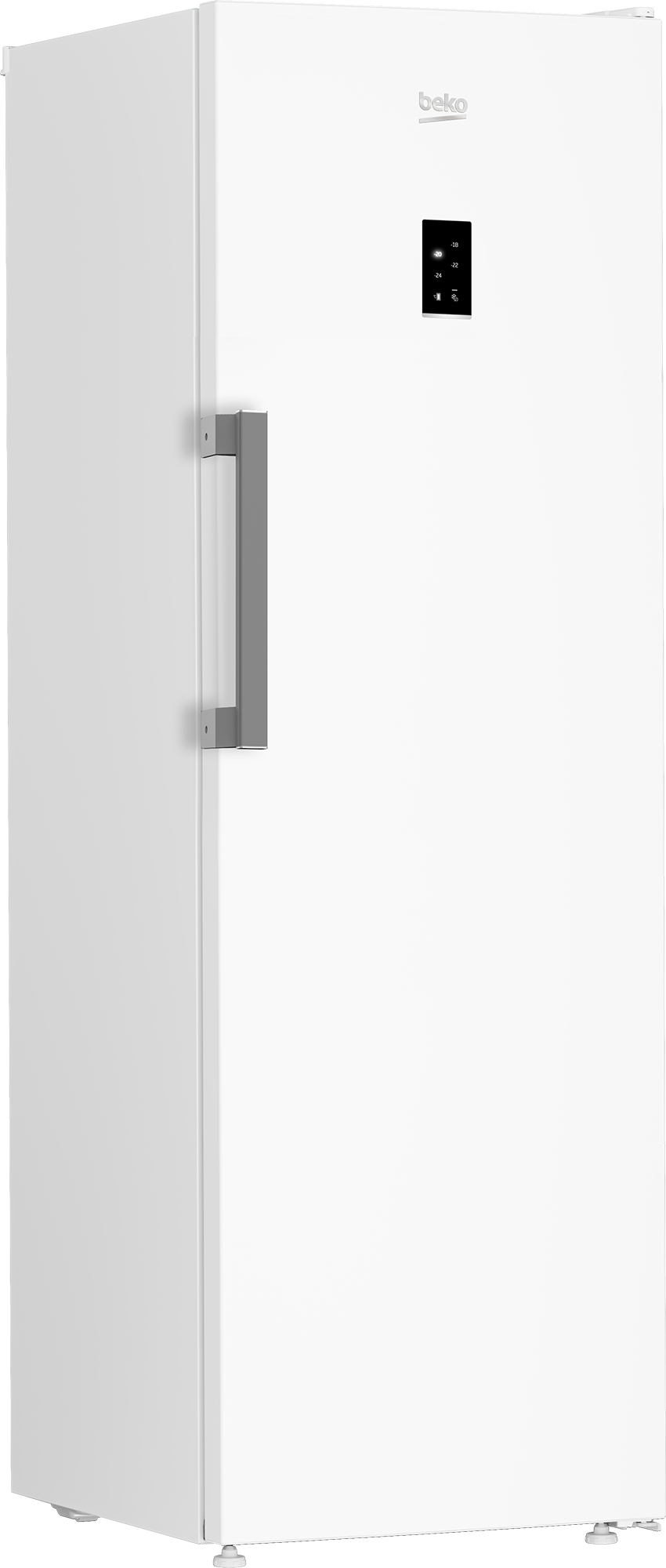 Ein weißer Beko-Gefrierschrank. Er hat einen grauen Griff und ein Bedienfeld. Der Gefrierschrank steht auf einer weißen Oberfläche.