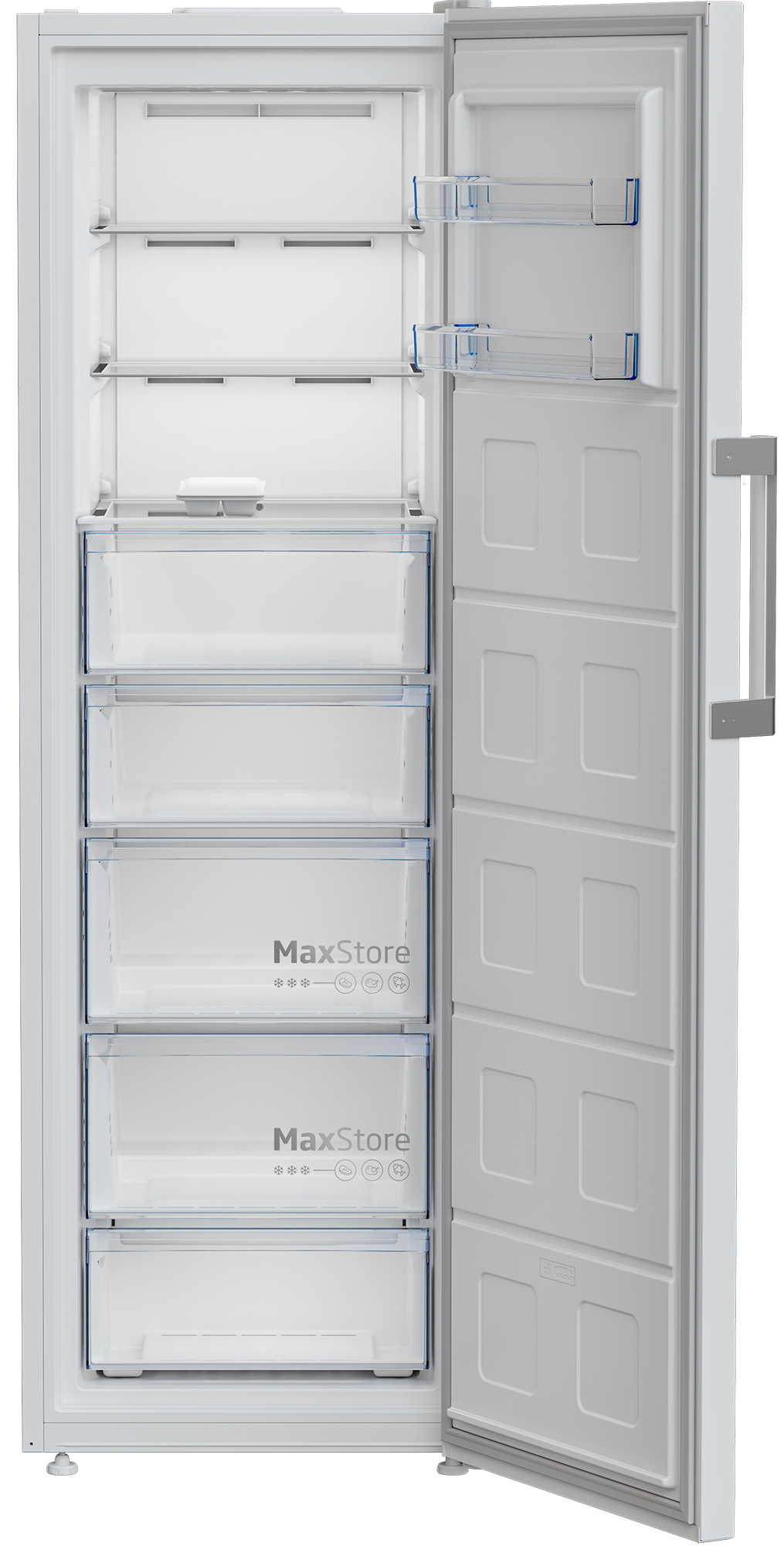 Offener weißer Gefrierschrank mit transparenten Regalen und Schubladen. Die Tür ist geöffnet und zeigt mehr Stauraum. MaxStore-Etikett sichtbar.