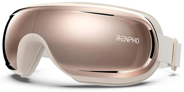 Roségoldfarbenes RENPHO Augenmassagegerät. Es hat einen cremefarbenen Rahmen und ein weißes elastisches Band. Der Markenname steht vorne.