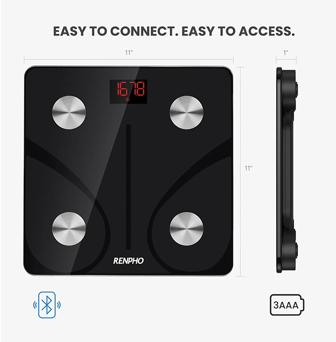 Schwarze Renpho-Smartwaage mit roter Anzeige, die das Gewicht anzeigt. Auf der Oberfläche befinden sich silberne Kreise. Bluetooth-Symbol sichtbar.