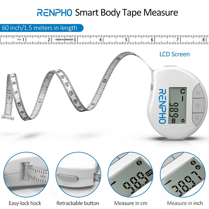 Ein weißes RENPHO Smart-Körperbandmaß mit LCD-Bildschirm. Darunter Details von Easy-Lock-Haken und einziehbarer Taste.