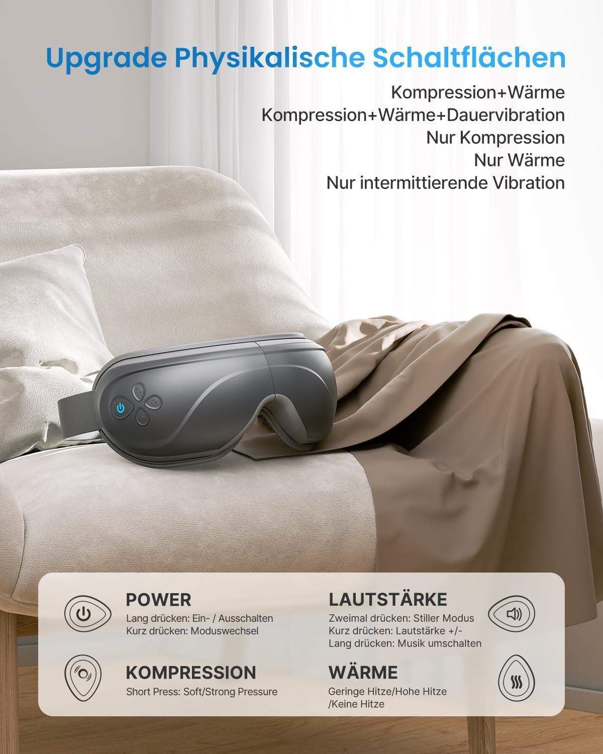 Ein Augenmassagegerät liegt auf einer Couch. Text beschreibt Funktionen wie Kompression, Vibration und Wärmeeinstellungen. Symbole sind sichtbar.