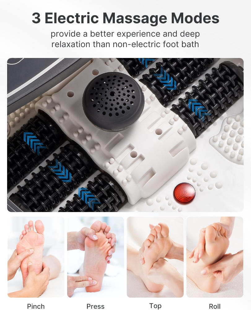 Das Bild zeigt ein Fußmassagegerät und Nahaufnahmen von Füßen, die massiert werden. Der Text lautet: '3 Elektrische Massagemodi'.