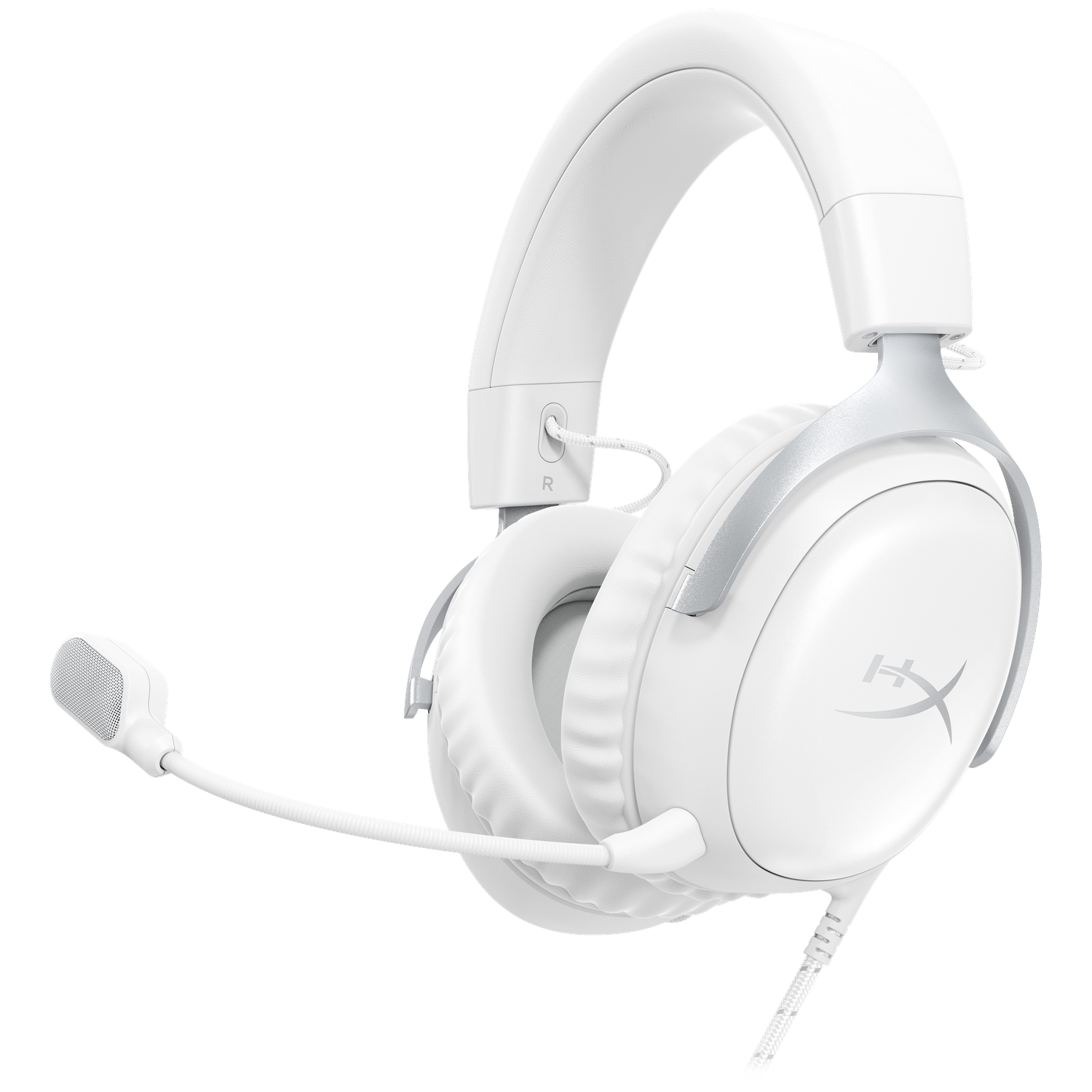 Witte gamingheadset met microfoon. Kenmerken zijn oorschelpen, hoofdband en flexibele microfoonarm. Grijze accenten en logo aanwezig.