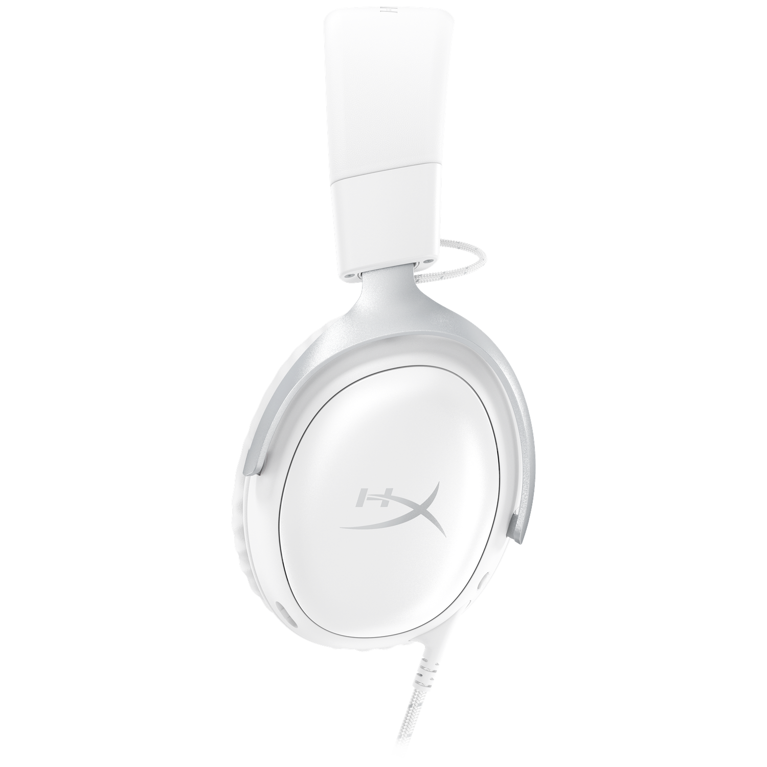 Witte HyperX gaming headset, hangend tegen witte achtergrond. Minimalistisch design met zilveren logo.
