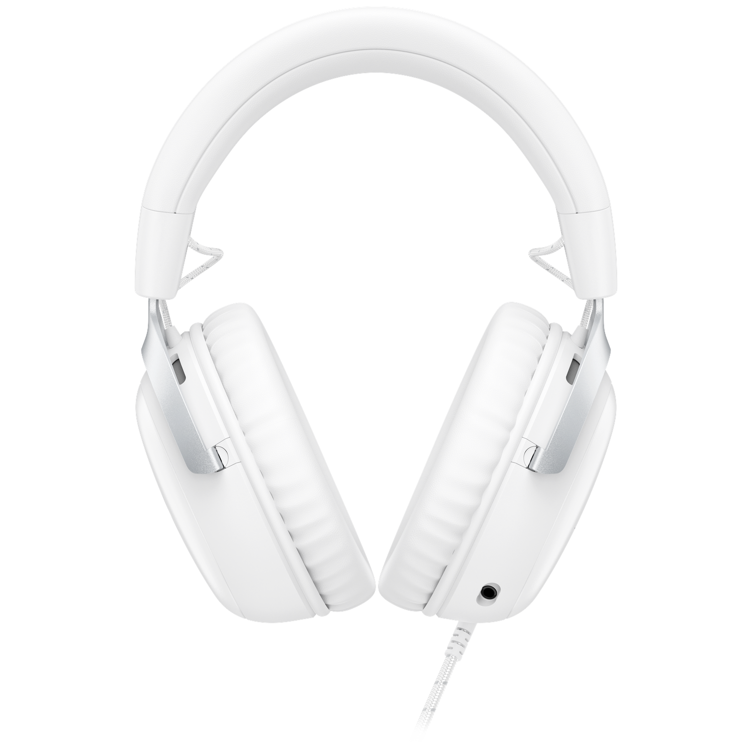 Witte koptelefoon met een gewatteerde hoofdband en oorschelpen. Zilveren accenten zijn zichtbaar. Een witte en zilveren kabel hangt aan de rechter oorschelp.